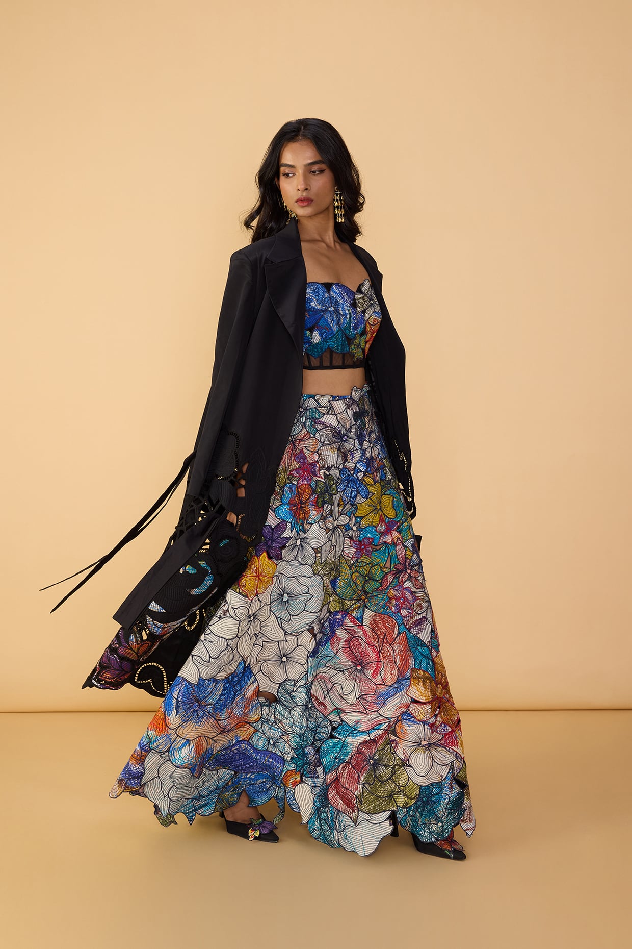 DENZEL TRENCH, LARISSA CORSET BLOUSE & ZOYA LEHENGA SKIRT