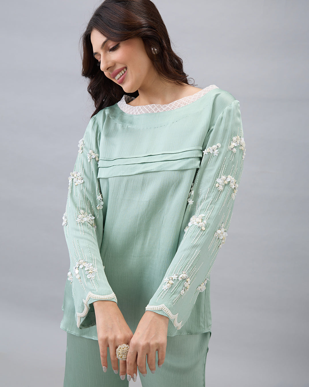 SAGE GREEN EMBROIDERED PEARL CO-ORD SET
