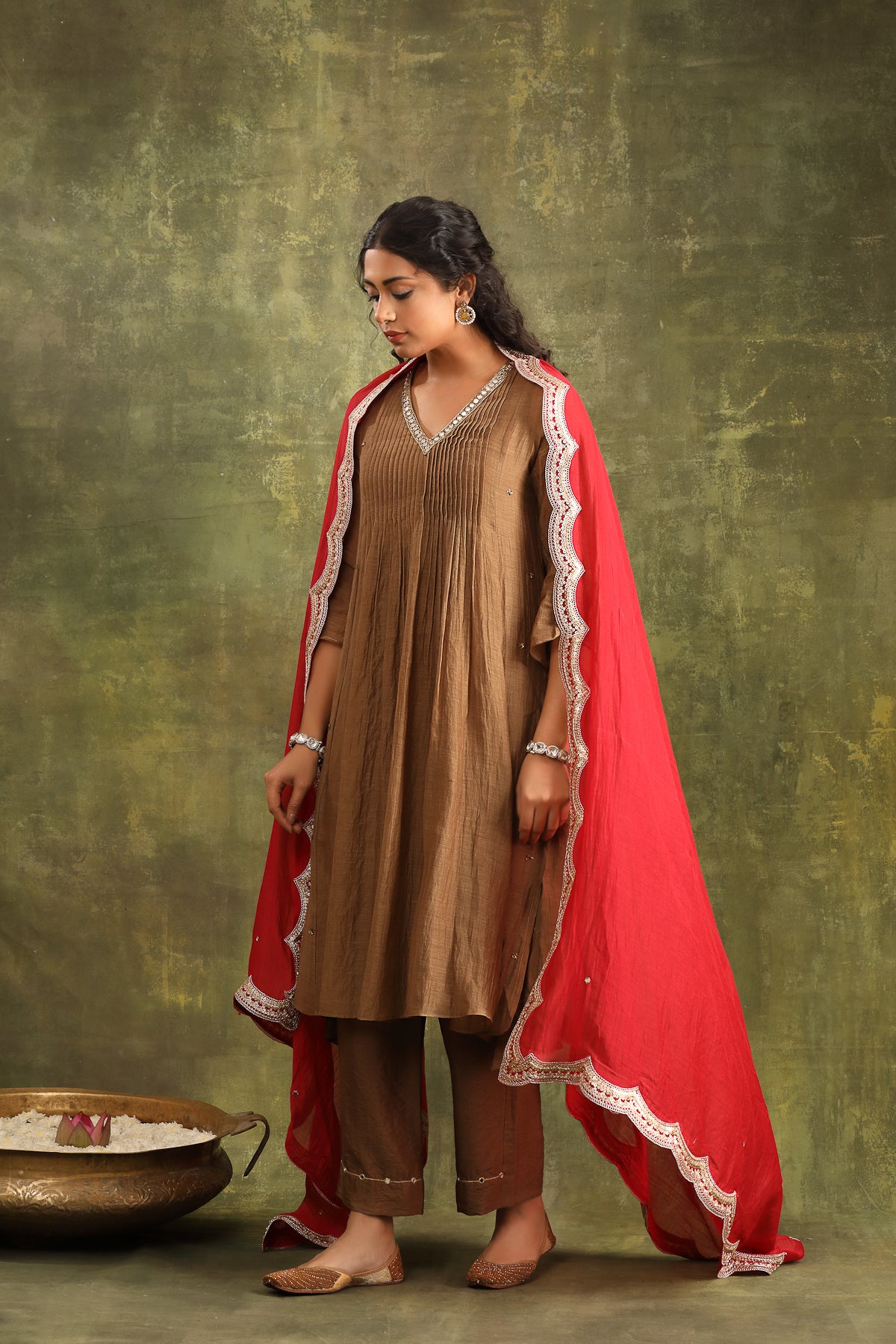 BROWN SILK CHANDERI MIRROR WORK CHANDERI SUIT SET