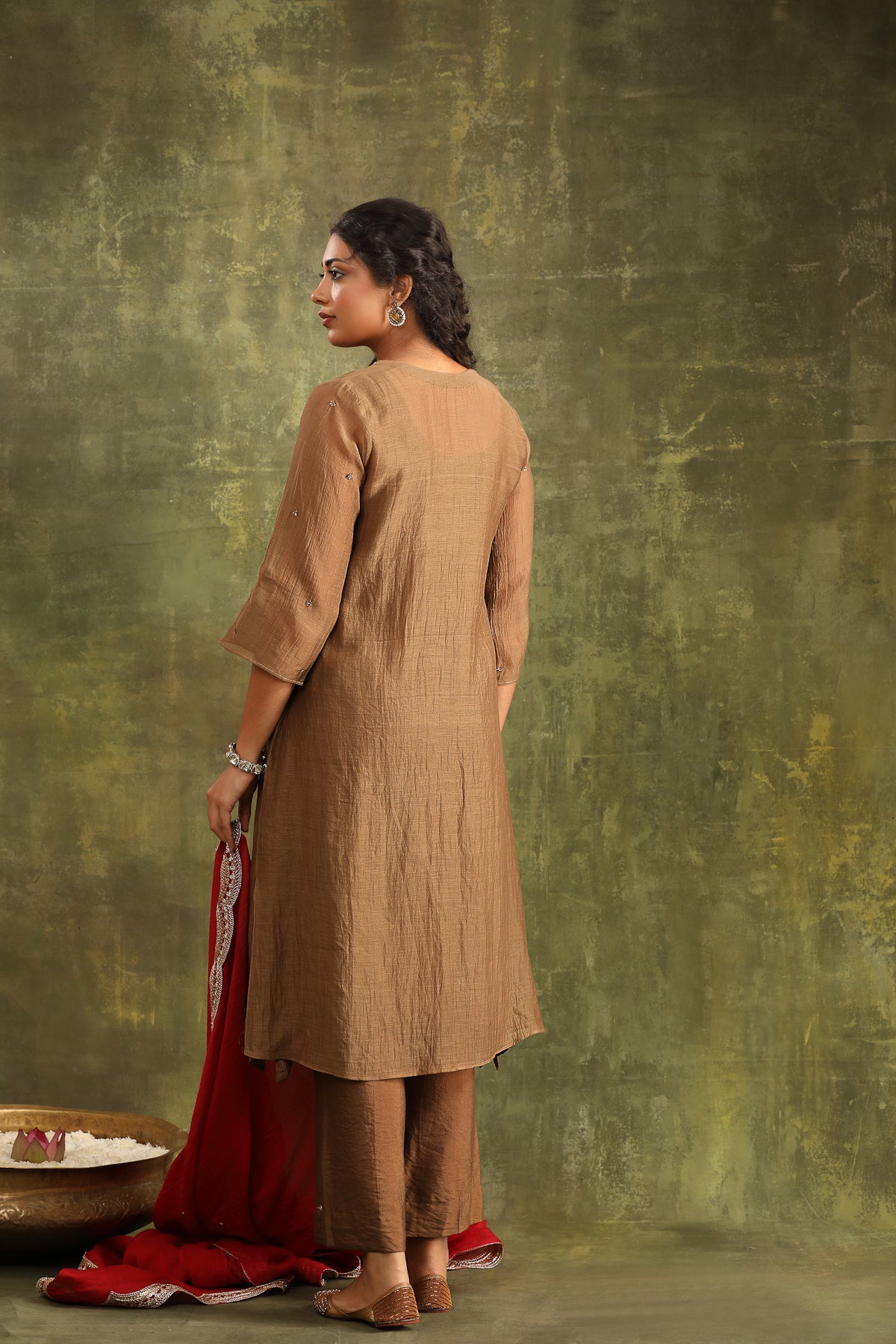 BROWN SILK CHANDERI MIRROR WORK CHANDERI SUIT SET