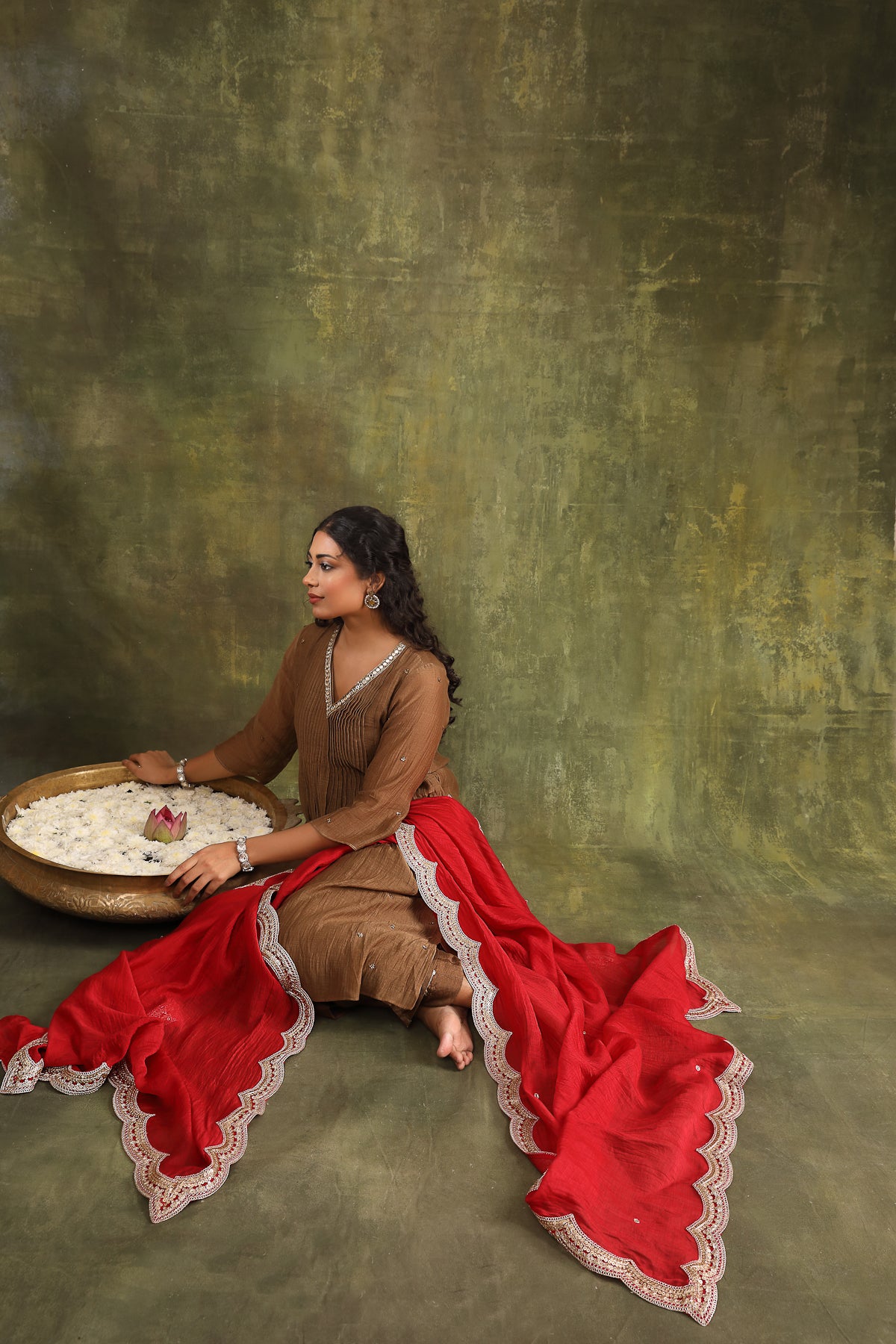 BROWN SILK CHANDERI MIRROR WORK CHANDERI SUIT SET