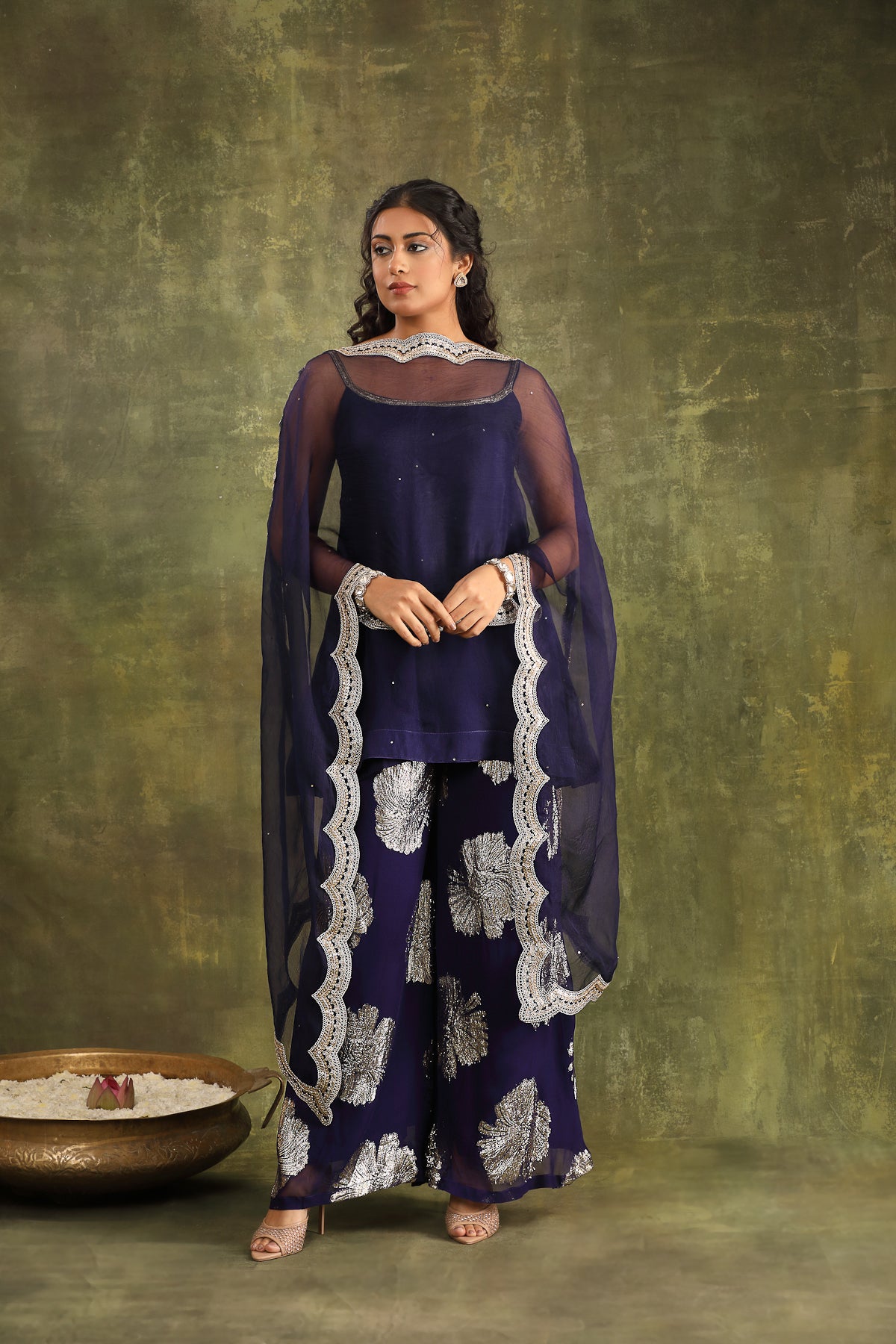 DARK BLUE ORGANZA KURTA WITH SHARARA AND DUPATTA
