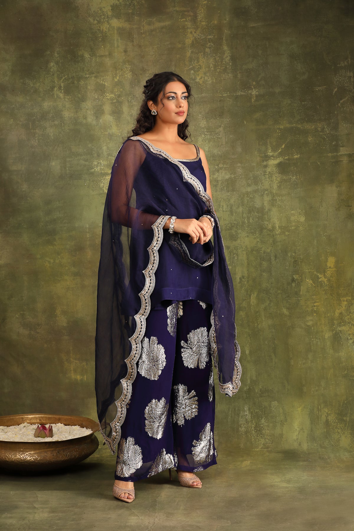 DARK BLUE ORGANZA KURTA WITH SHARARA AND DUPATTA
