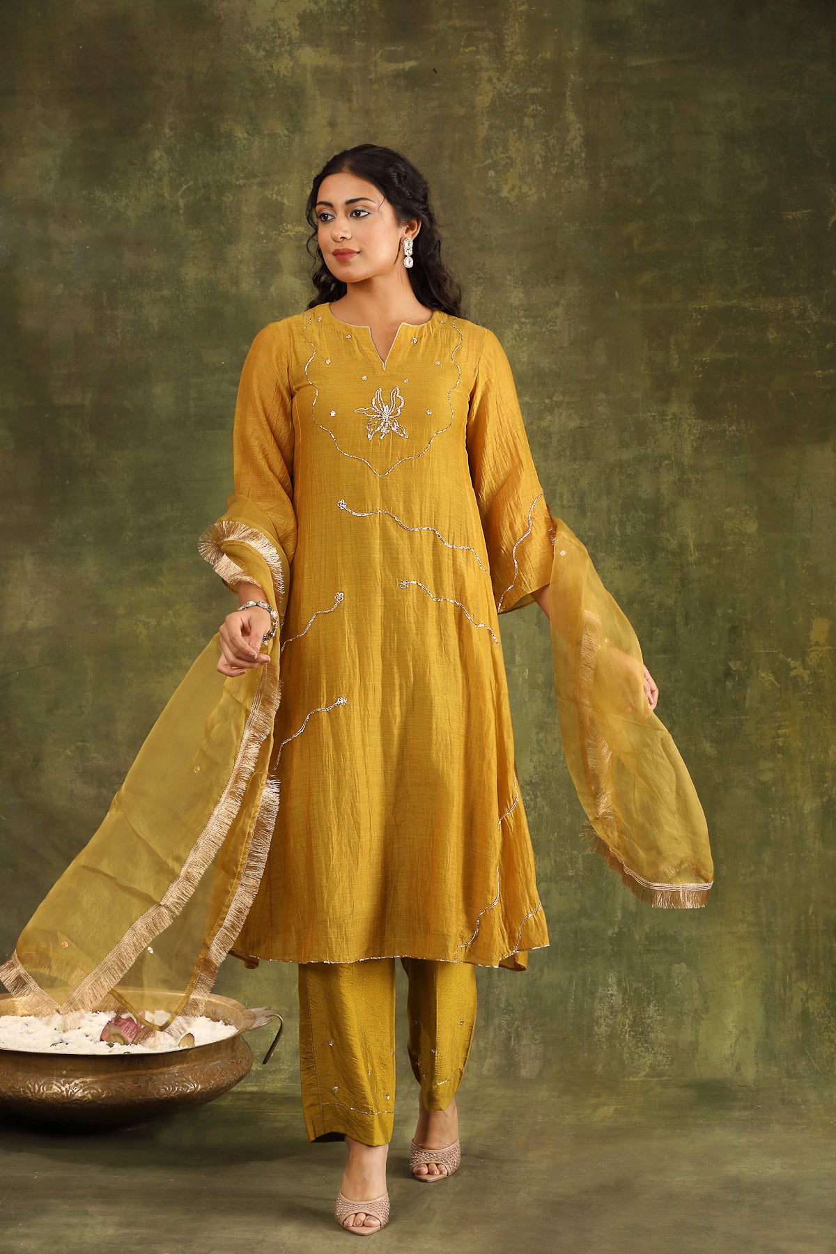 MUSTARD PITTA HAND EMBROIDERED CHANDERI SUIT SET