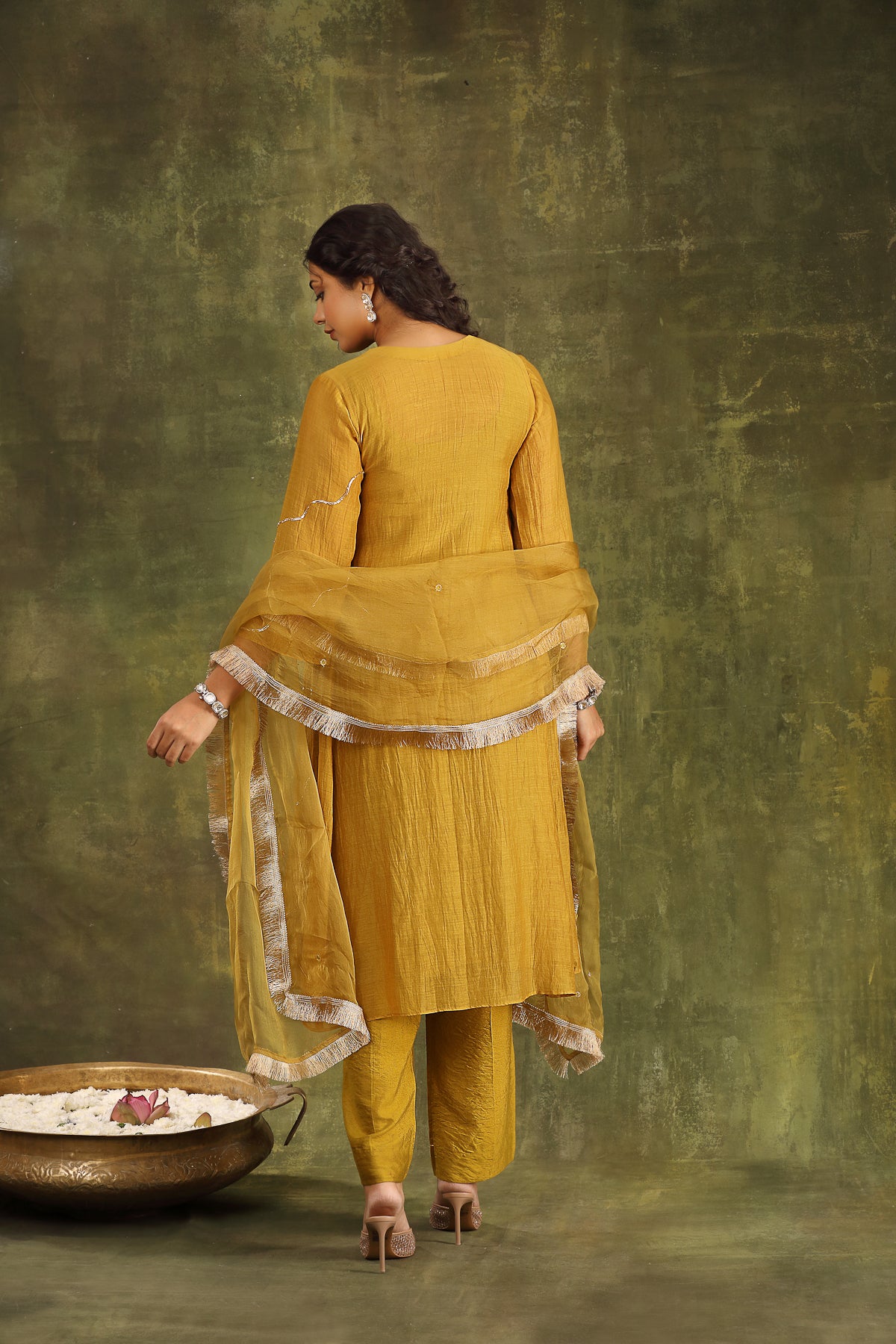 MUSTARD PITTA HAND EMBROIDERED CHANDERI SUIT SET
