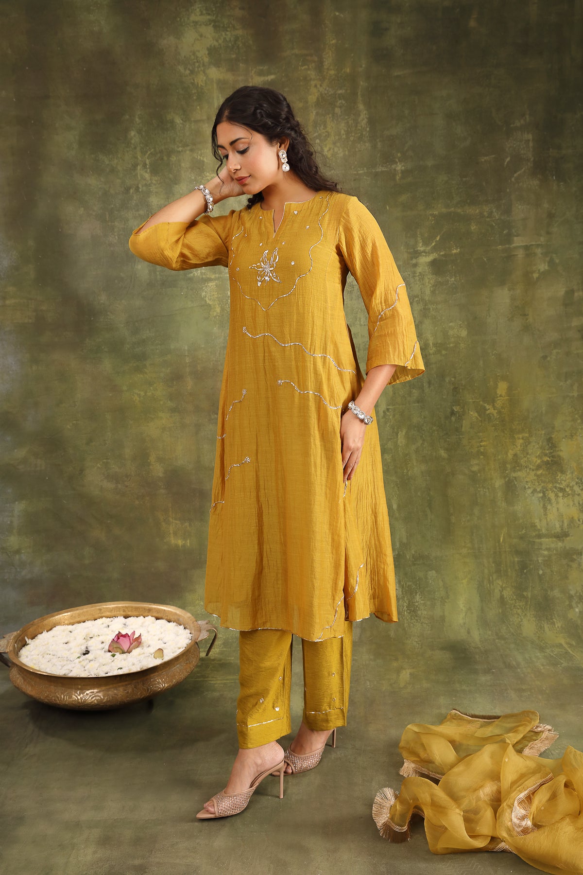 MUSTARD PITTA HAND EMBROIDERED CHANDERI SUIT SET