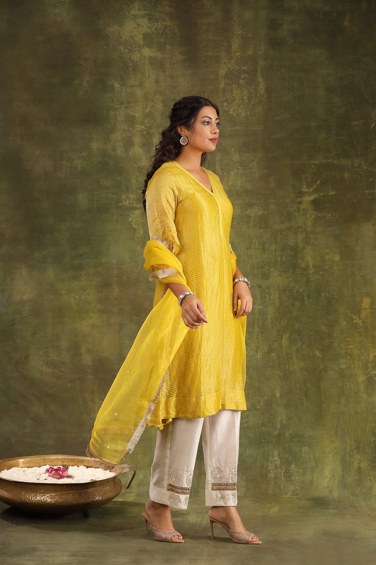 MUSTARD YELLOW TISSUE KURTA WITH HAND EMBROIDERED PANTS
