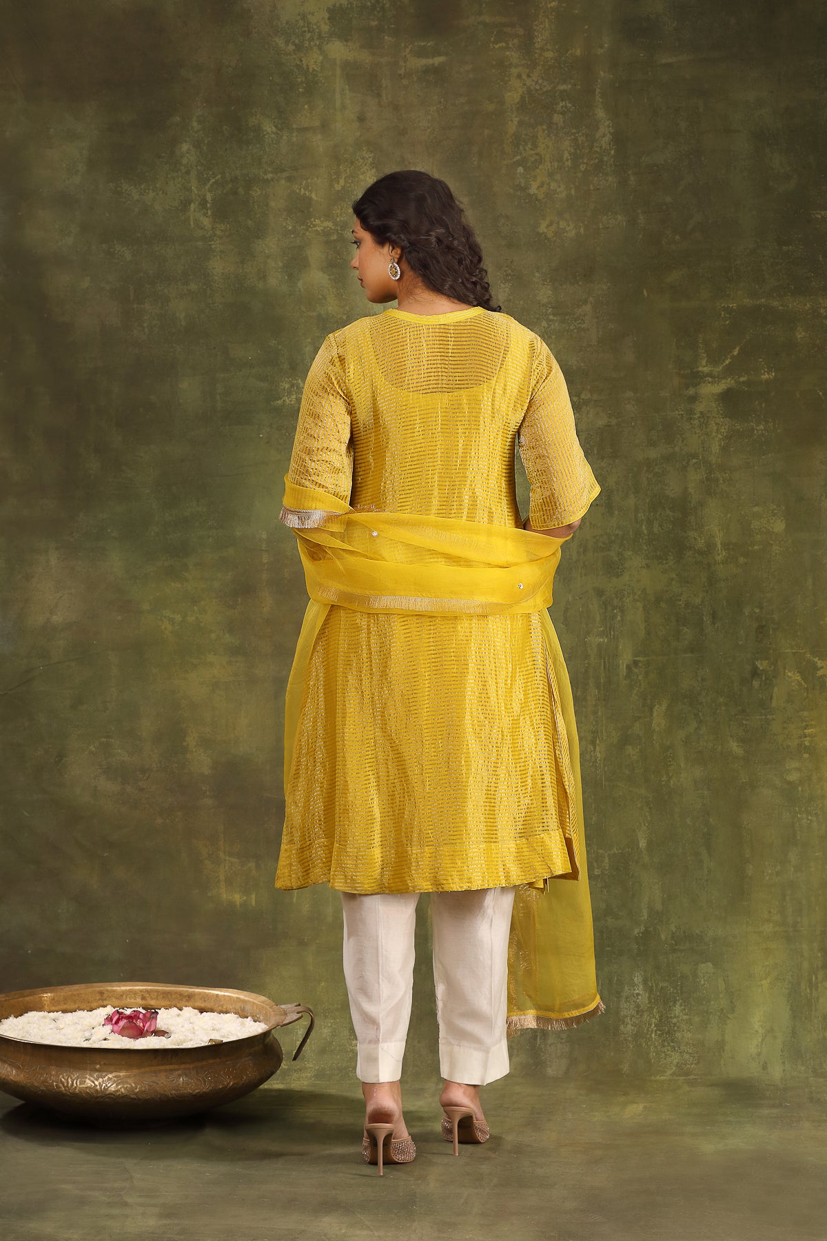 MUSTARD YELLOW TISSUE KURTA WITH HAND EMBROIDERED PANTS