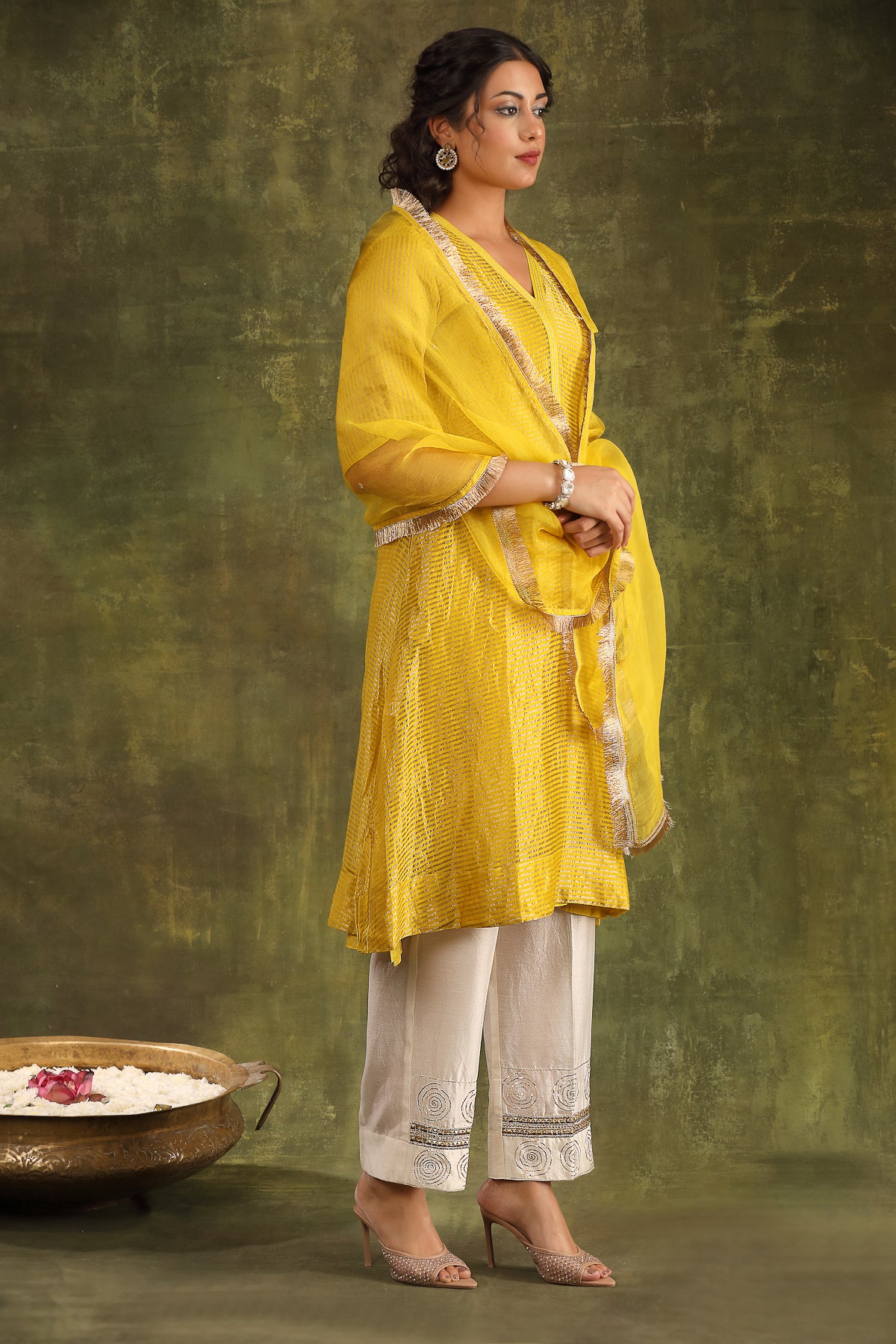 MUSTARD YELLOW TISSUE KURTA WITH HAND EMBROIDERED PANTS