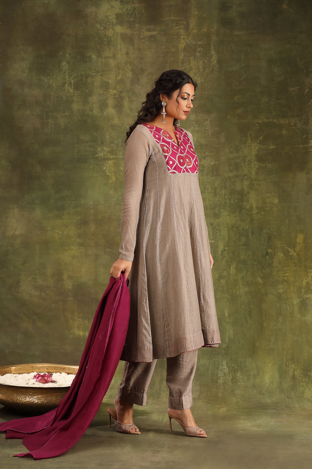 GREY SILK CHANDERI HAND EMBROIDERED ANARKALI SUIT SET