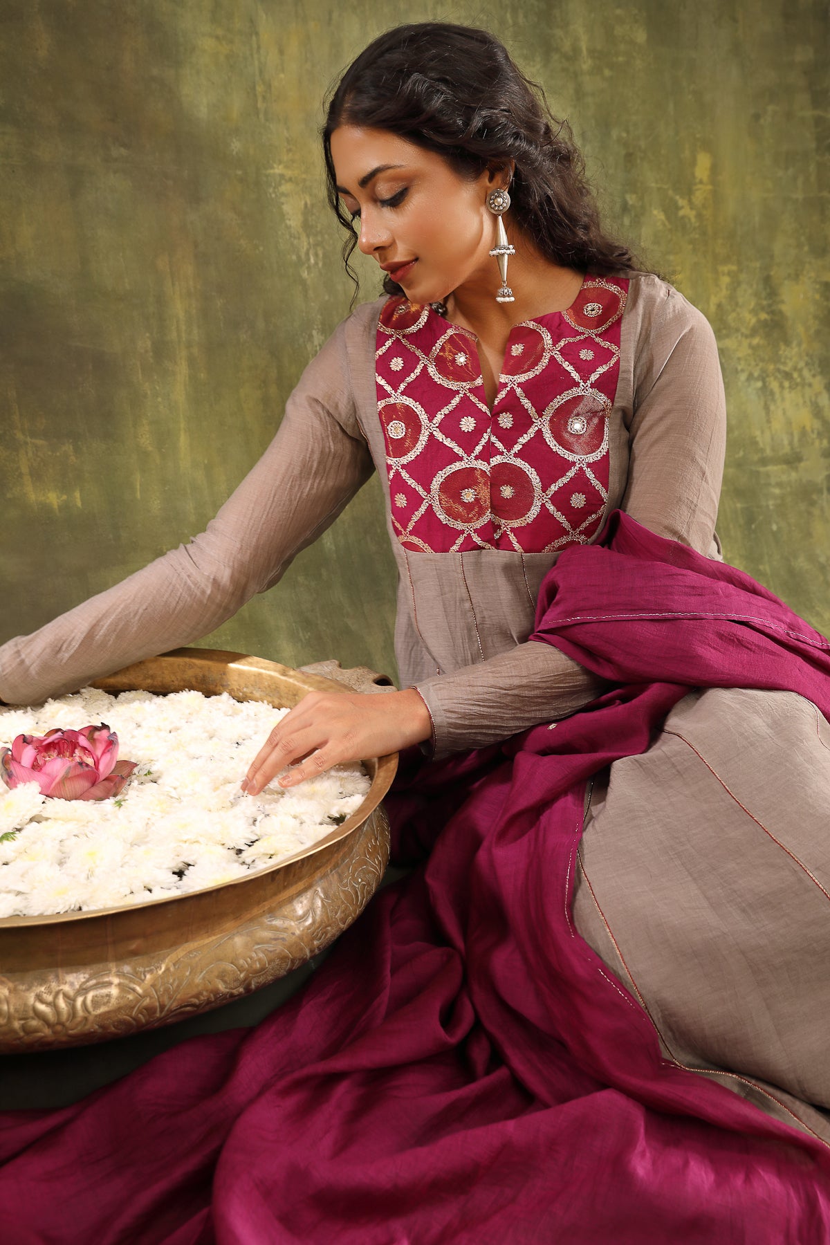GREY SILK CHANDERI HAND EMBROIDERED ANARKALI SUIT SET