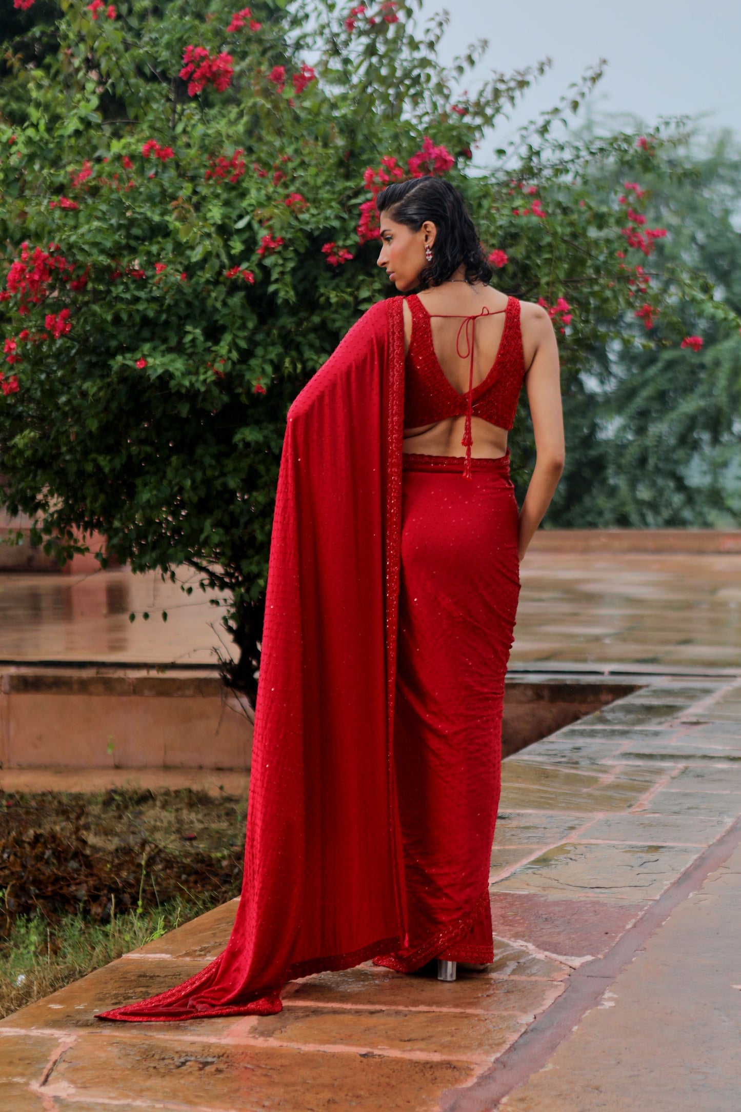 MAROON SATIN SAREE SET