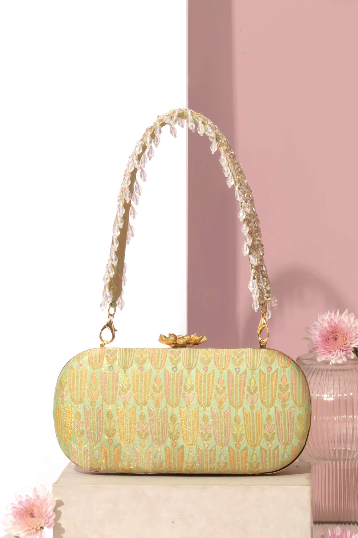 TITLI PURE BANARASI SILK CAPSULE CLUTCH - GREEN