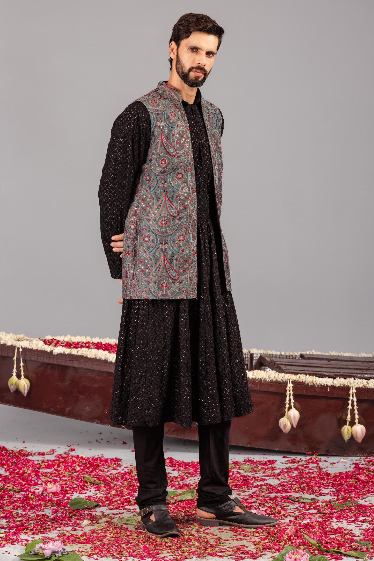 KASHMIRI MEHENDI KURTA JACKET SET