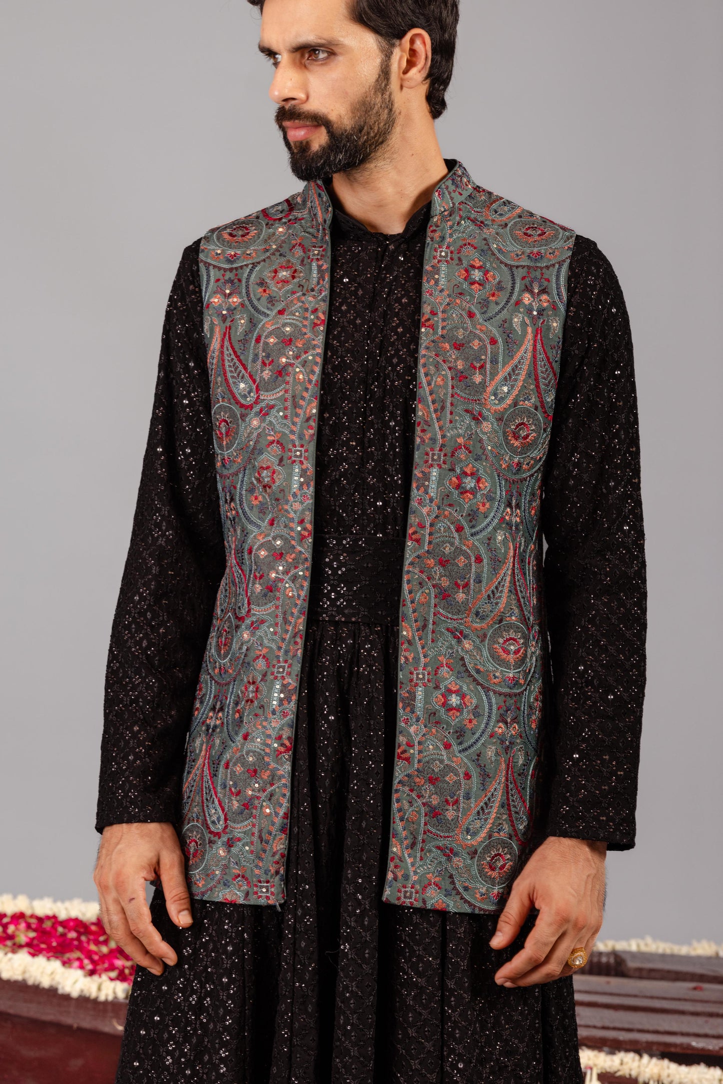 KASHMIRI MEHENDI KURTA JACKET SET
