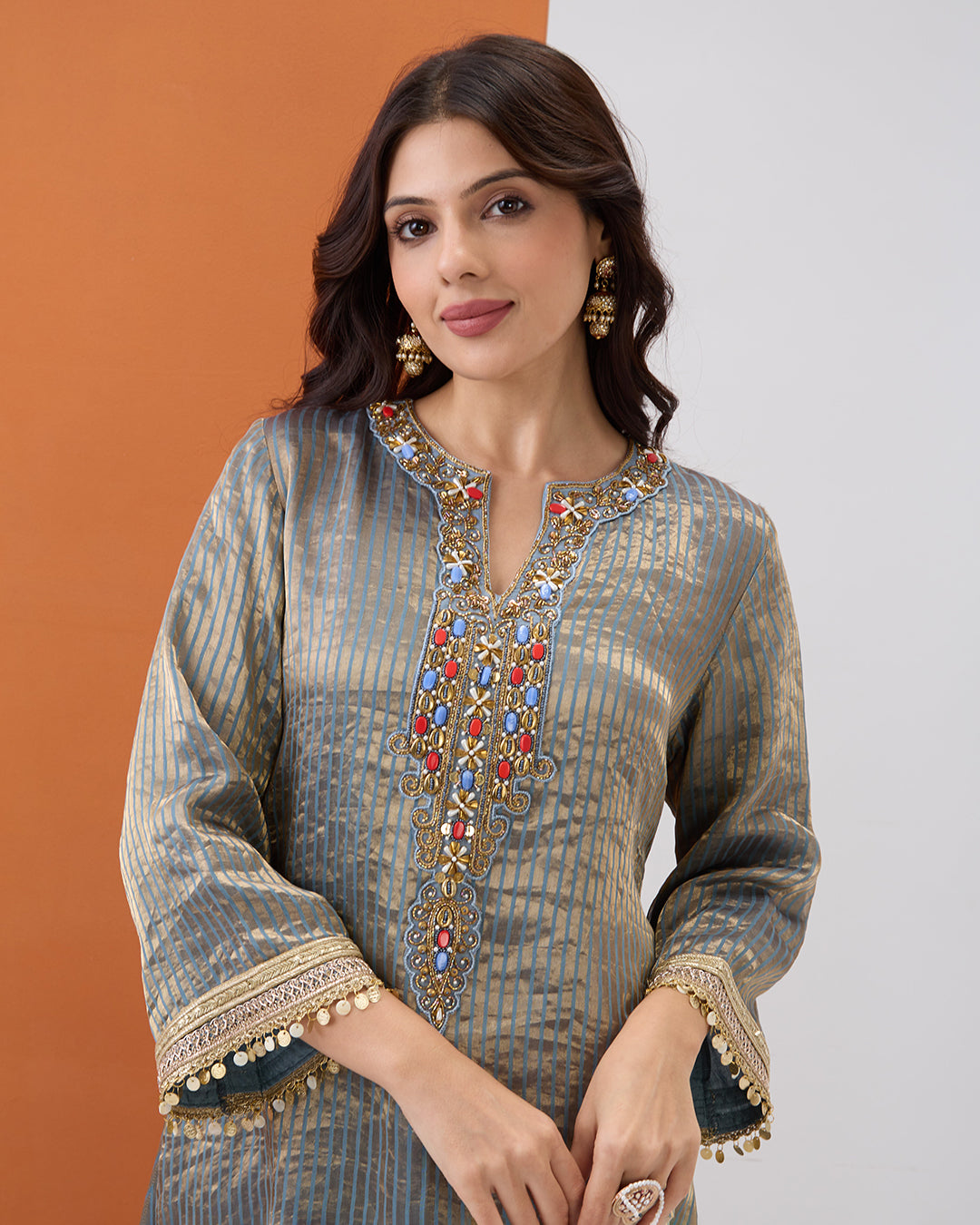 GREY TISSUE KURTA & DHOTI PANT SET