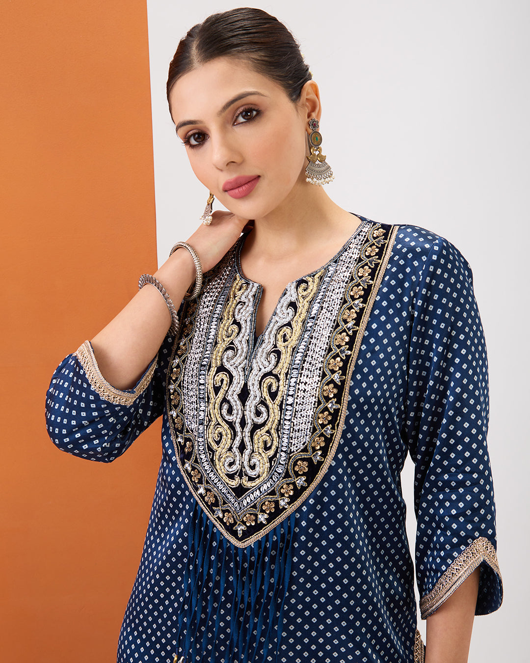 INDIGO BLUE BANDHANI PRINT SHORT KURTA & SHARARA SET