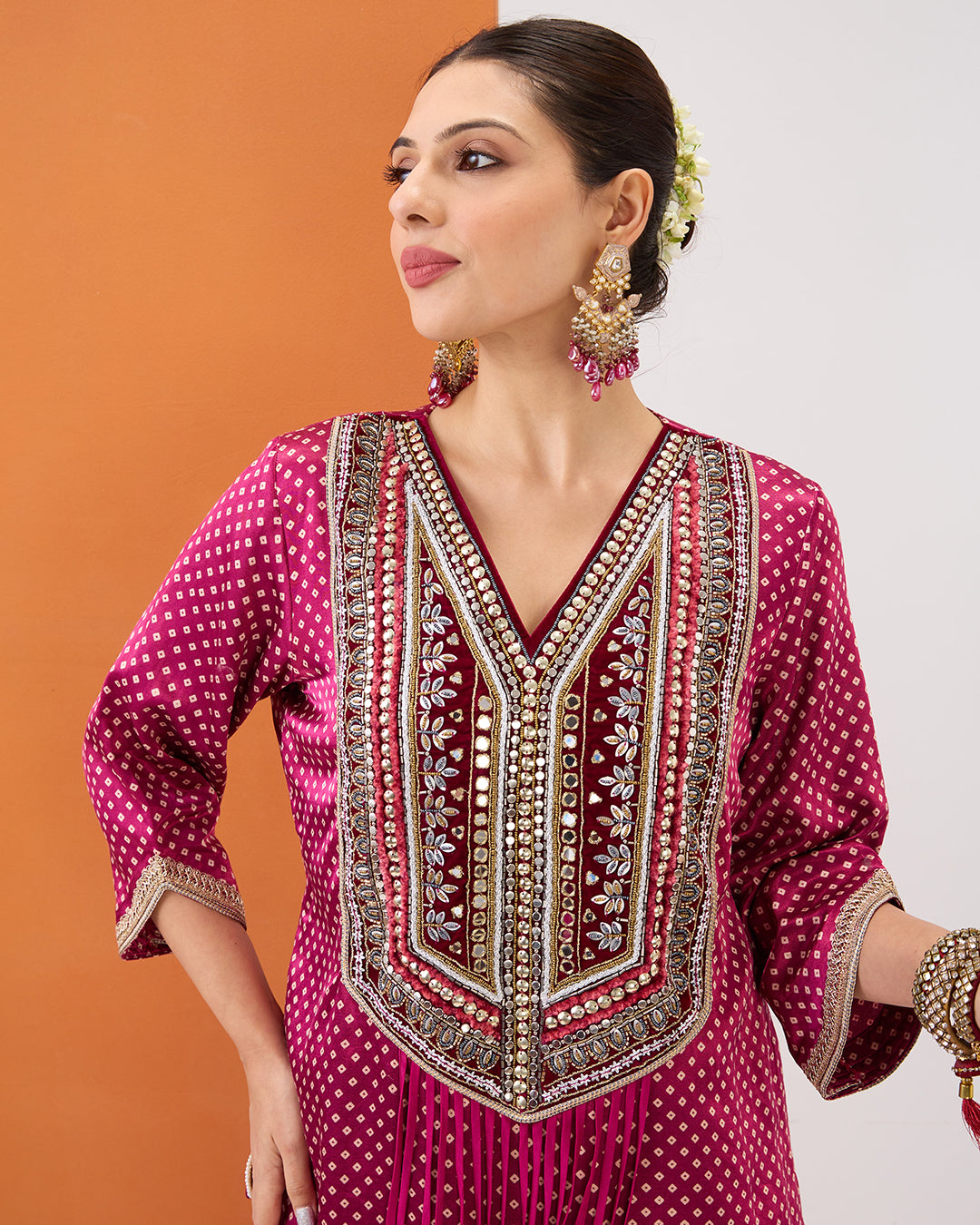 MAGENTA PINK BANDHANI SHORT TOP & DRAPED SKIRT SET
