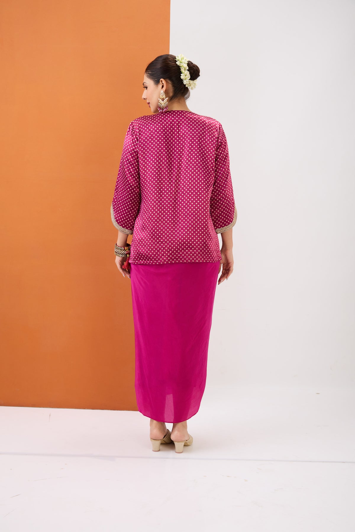 MAGENTA PINK BANDHANI SHORT TOP & DRAPED SKIRT SET