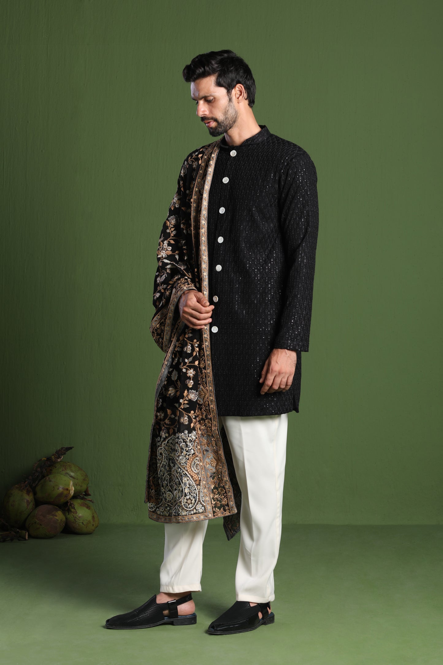 RAJAS BLACK FRONT OPEN KURTA SET WITH HEAVY EMBROIDERED DUPATTA