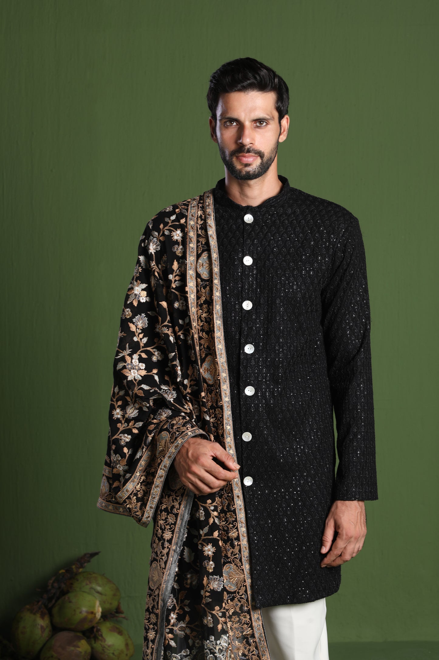 RAJAS BLACK FRONT OPEN KURTA SET WITH HEAVY EMBROIDERED DUPATTA