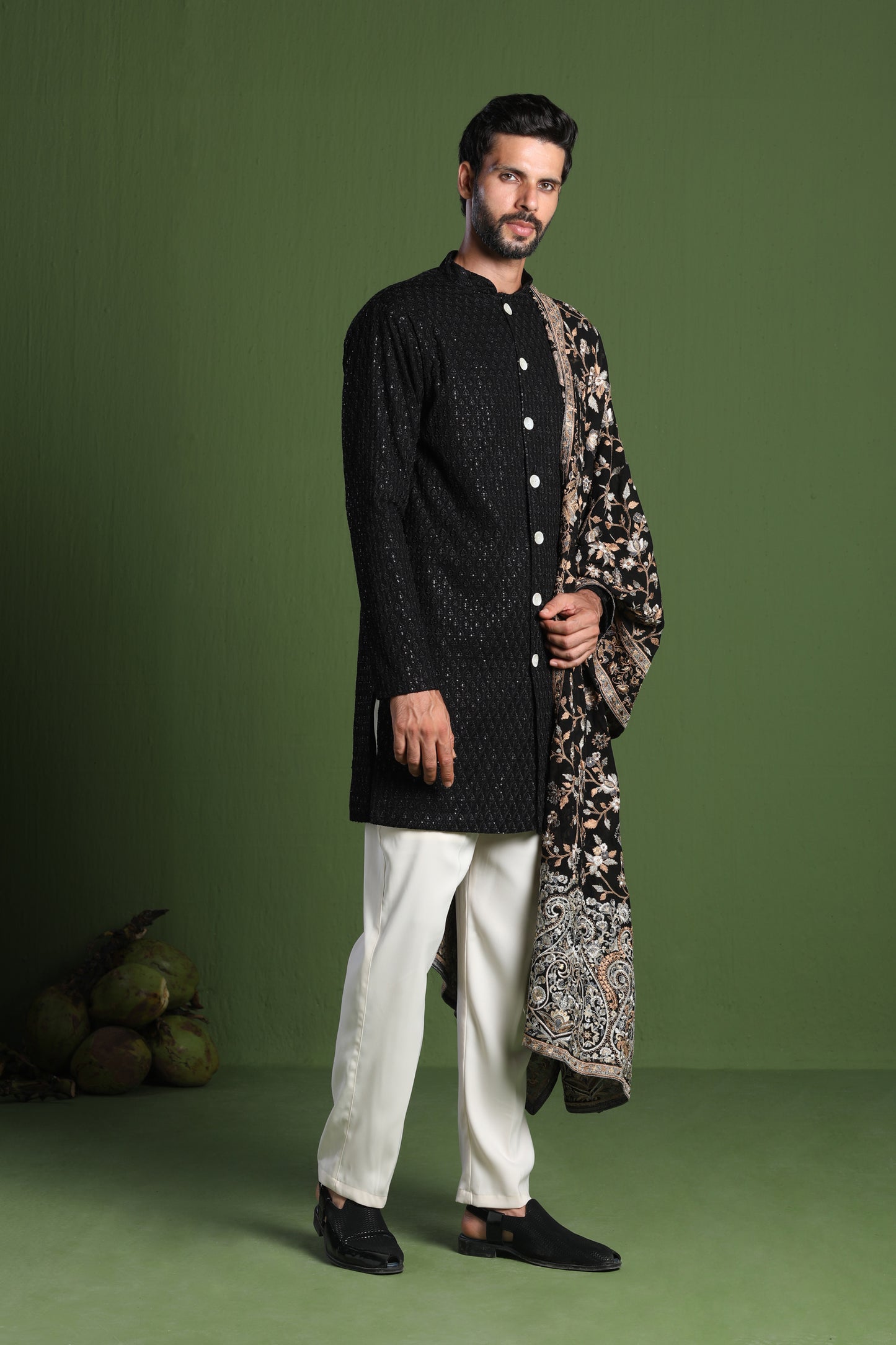 RAJAS BLACK FRONT OPEN KURTA SET WITH HEAVY EMBROIDERED DUPATTA