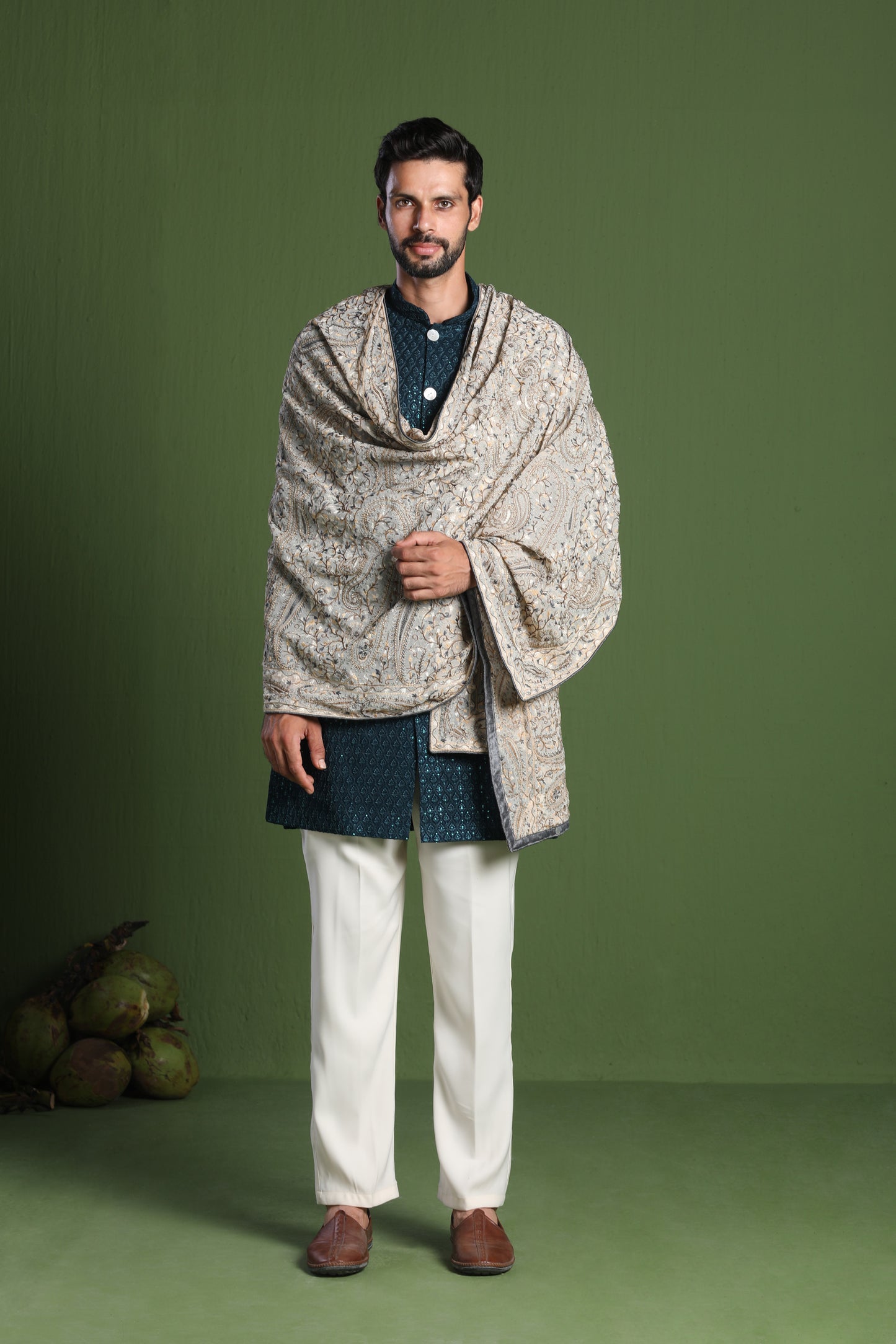 AKSHAY TEAL FRONT OPEN KURTA SET WITH HEAVY EMBROIDERED DUPATTA
