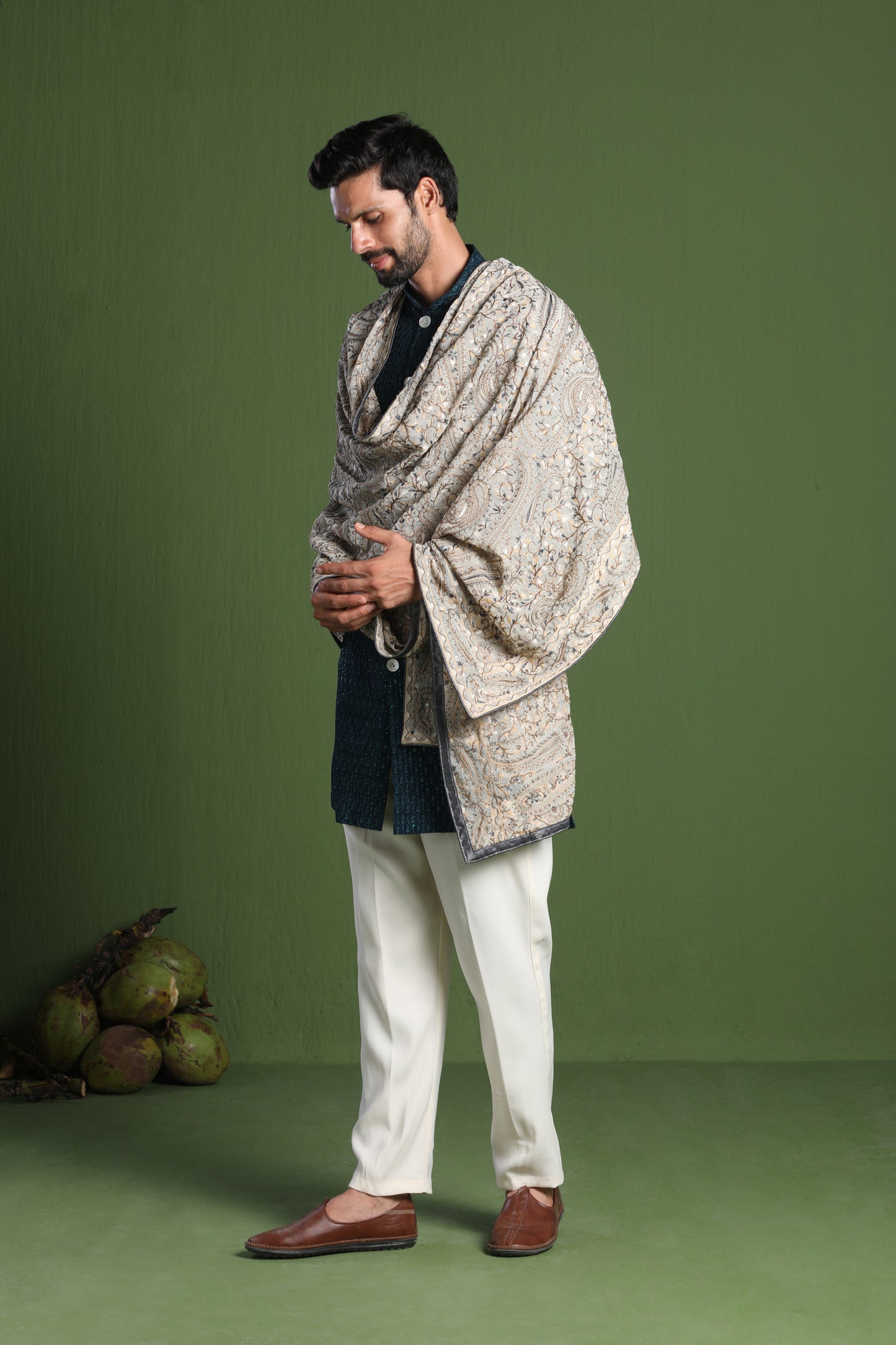 AKSHAY TEAL FRONT OPEN KURTA SET WITH HEAVY EMBROIDERED DUPATTA
