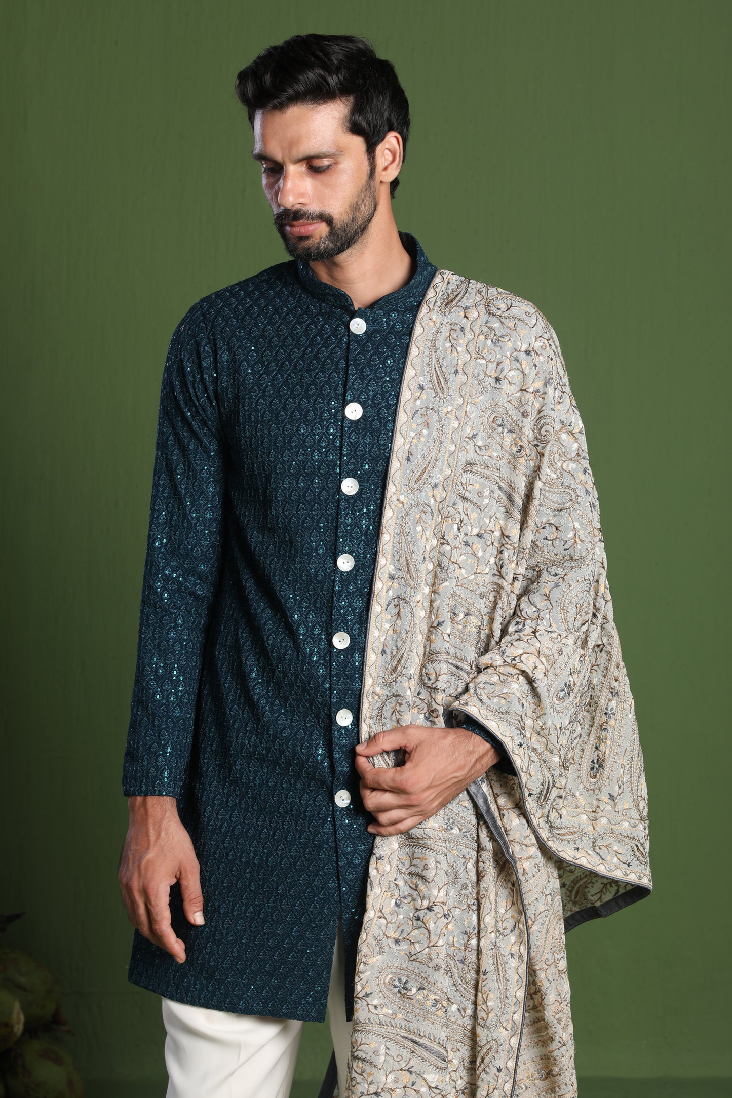 AKSHAY TEAL FRONT OPEN KURTA SET WITH HEAVY EMBROIDERED DUPATTA