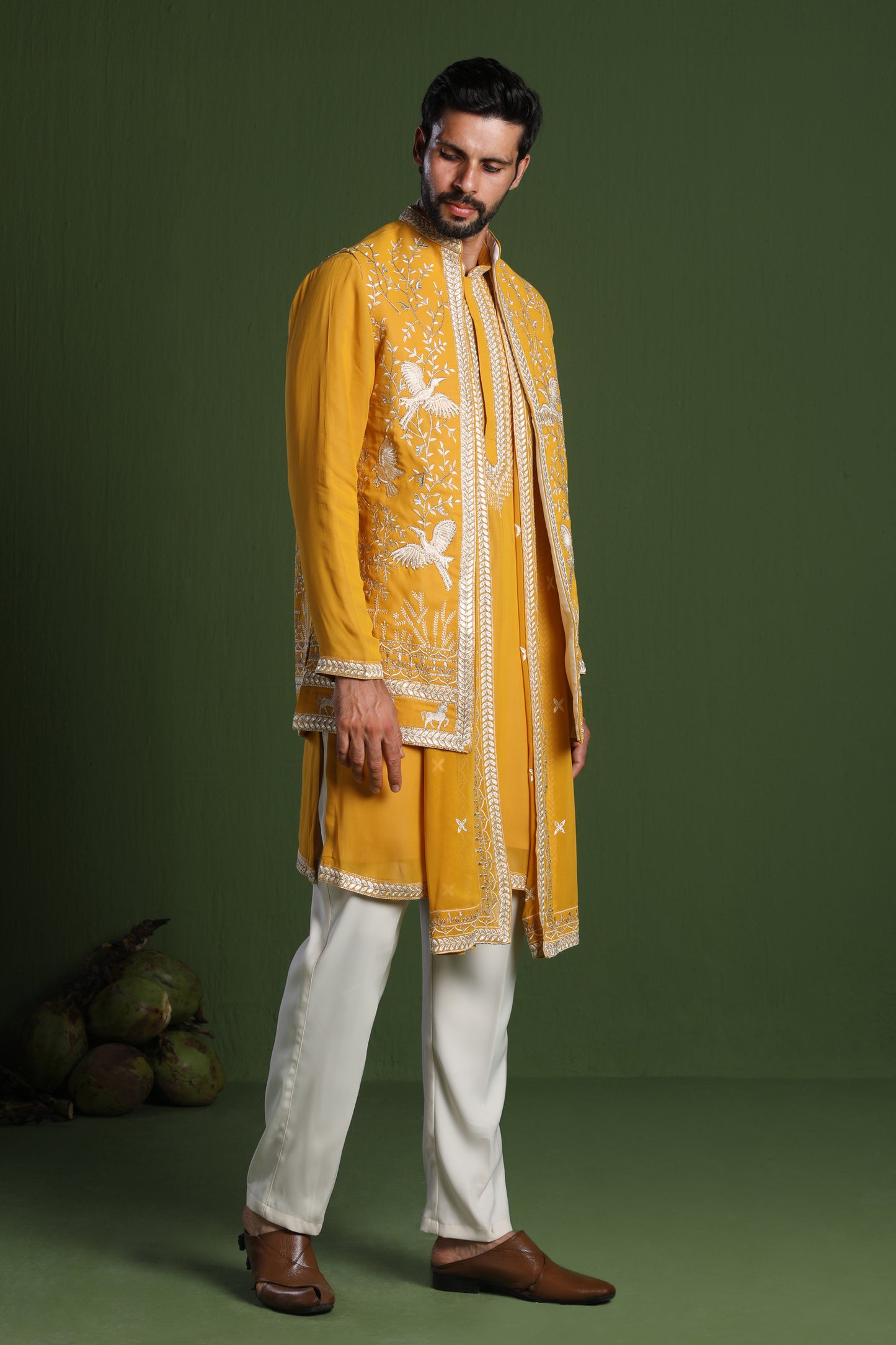 ADITYA HALDI KURTA SET WITH JACKET AND DUPATTA
