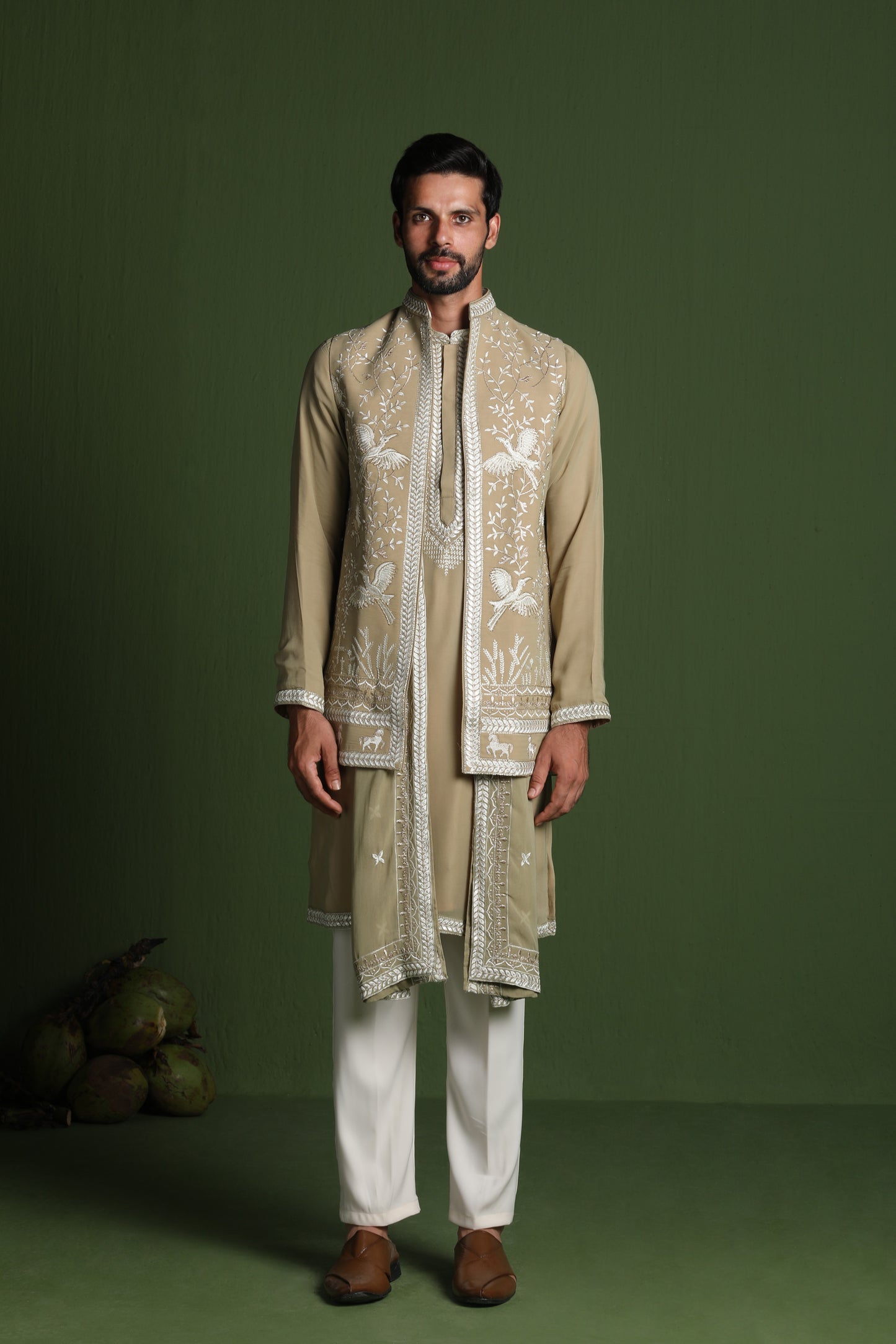 SIDDHARTH MEHANDI KURTA SET WITH JACKET AND DUPATTA