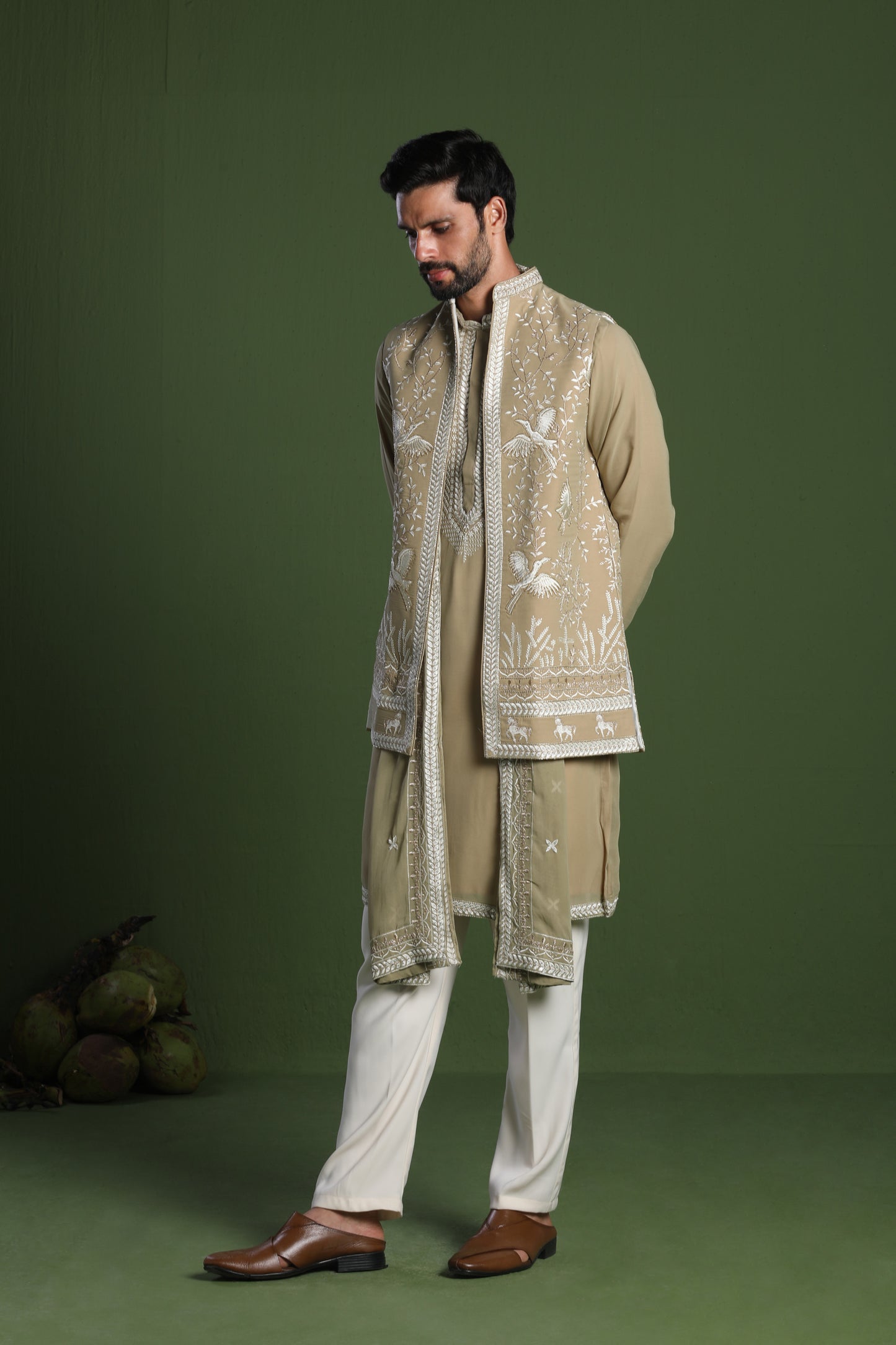 SIDDHARTH MEHANDI KURTA SET WITH JACKET AND DUPATTA