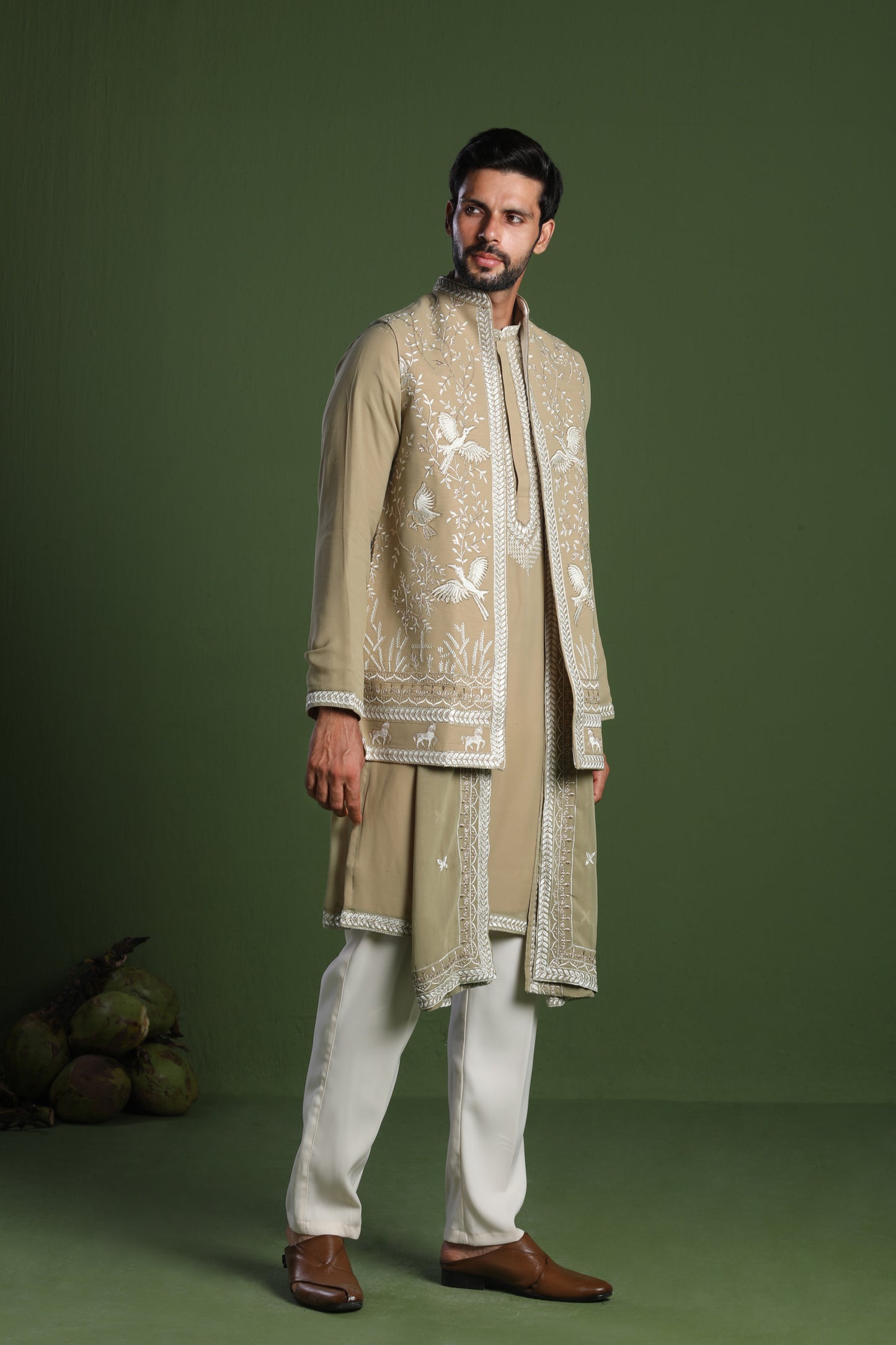 SIDDHARTH MEHANDI KURTA SET WITH JACKET AND DUPATTA