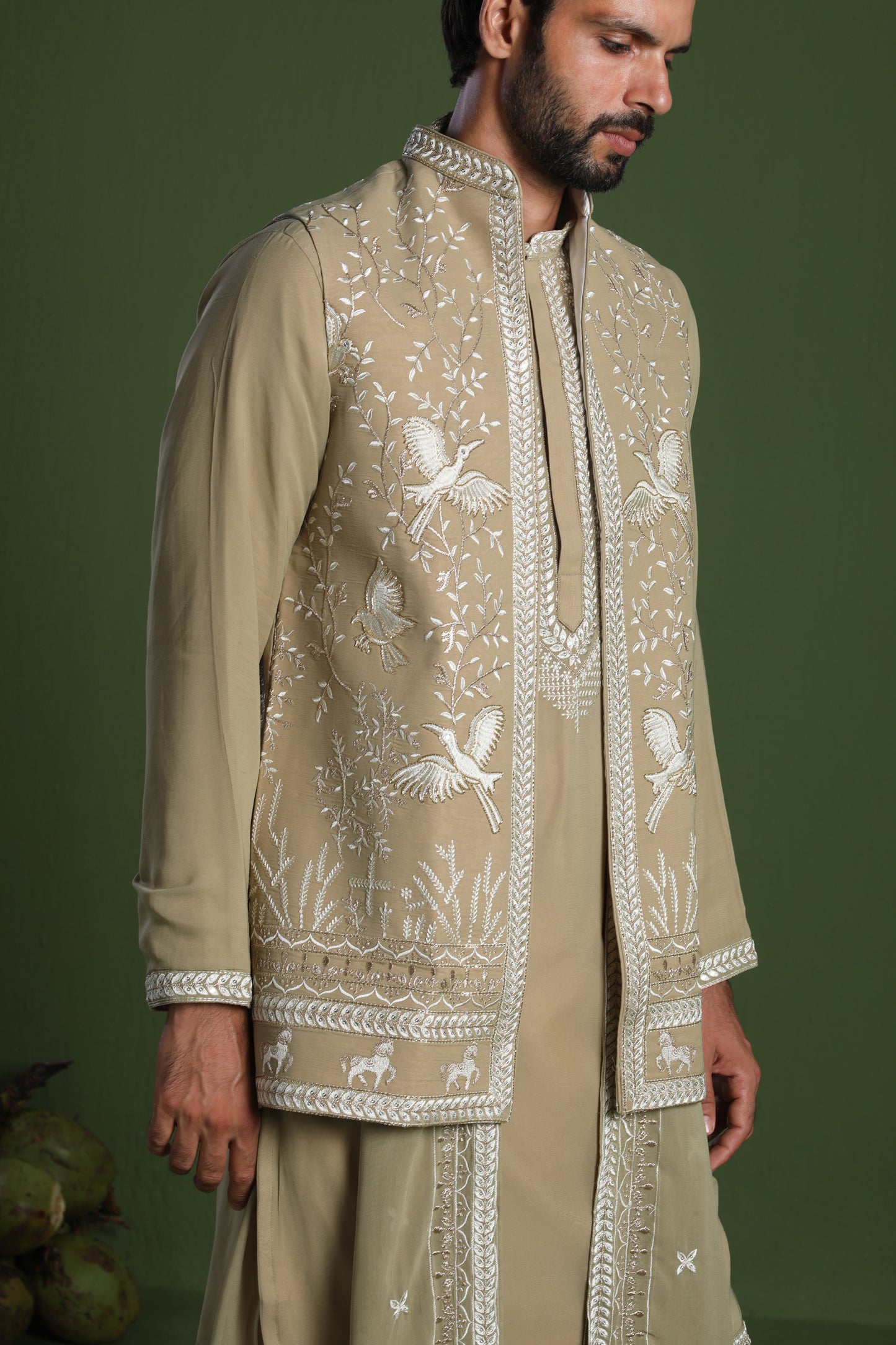 SIDDHARTH MEHANDI KURTA SET WITH JACKET AND DUPATTA
