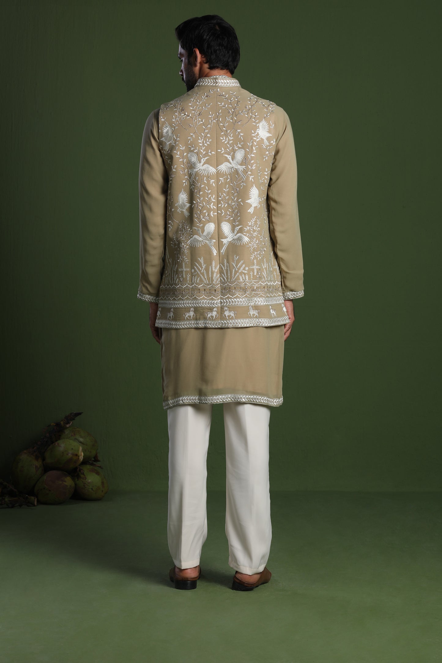 SIDDHARTH MEHANDI KURTA SET WITH JACKET AND DUPATTA