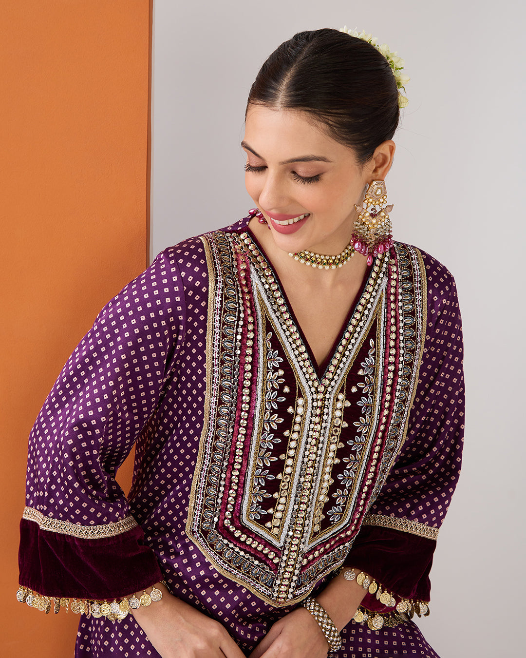 PURPLE WINE BANDHANI KURTA & DHOTI PANT SET
