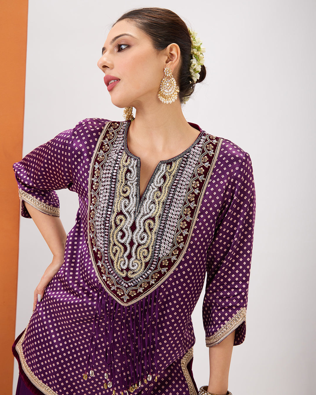 PURPLE WINE BANDHANI SHORT KURTA & SHARARA SET