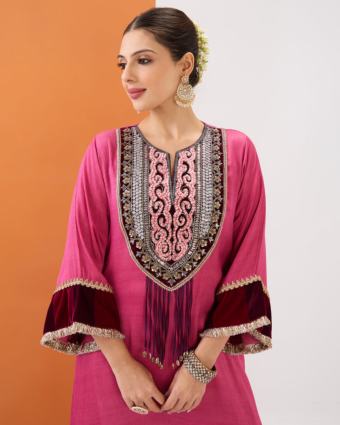 ROSE PINK EMBROIDERED KURTA WITH VELVET DETAILING & DHOTI PANT SET