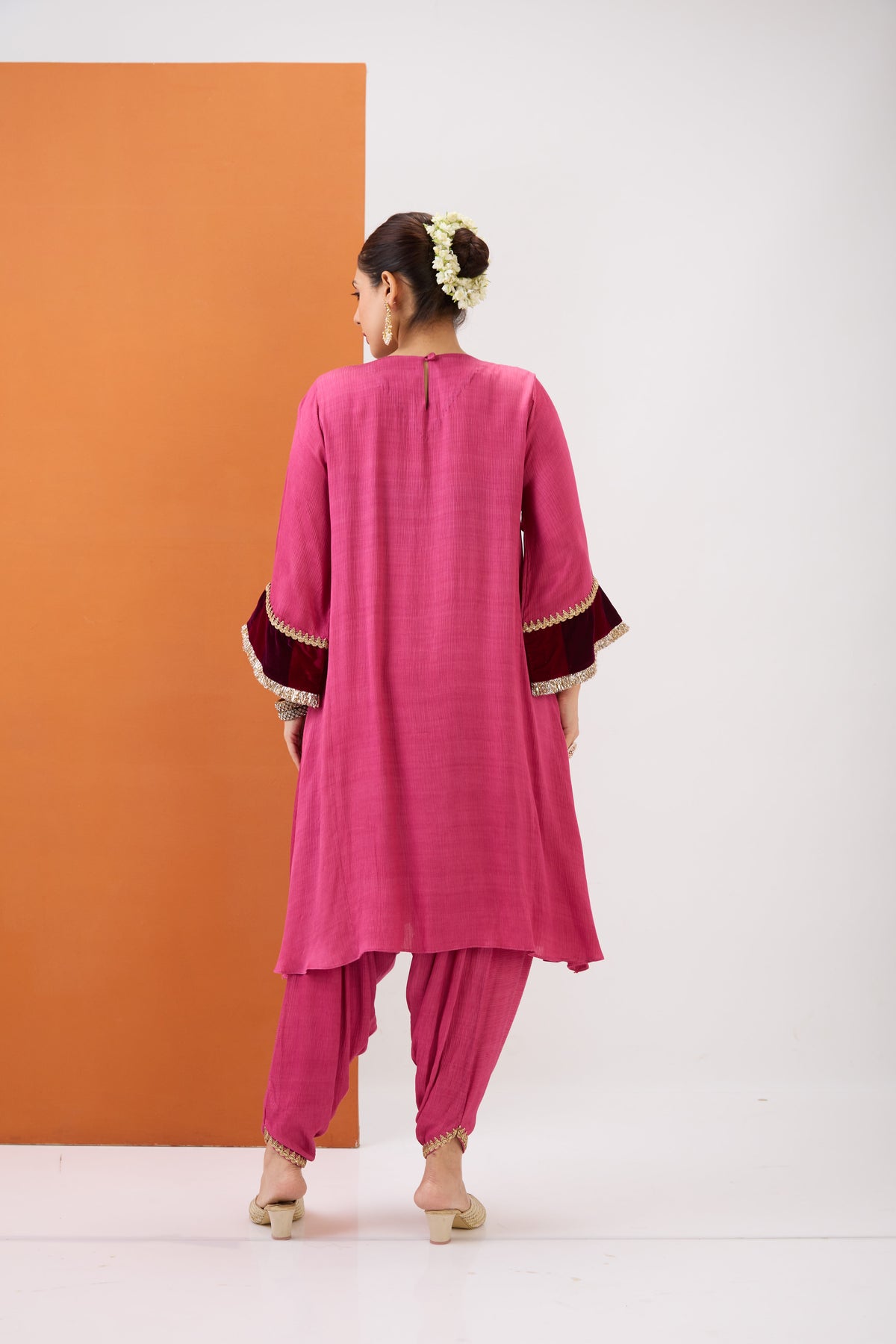 ROSE PINK EMBROIDERED KURTA WITH VELVET DETAILING & DHOTI PANT SET