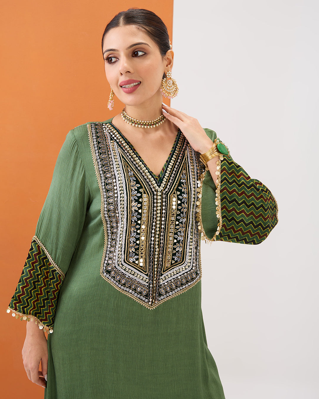OLIVE GREEN KURTA WITH AJRAKH DETAILING & GATHERED PANT SET