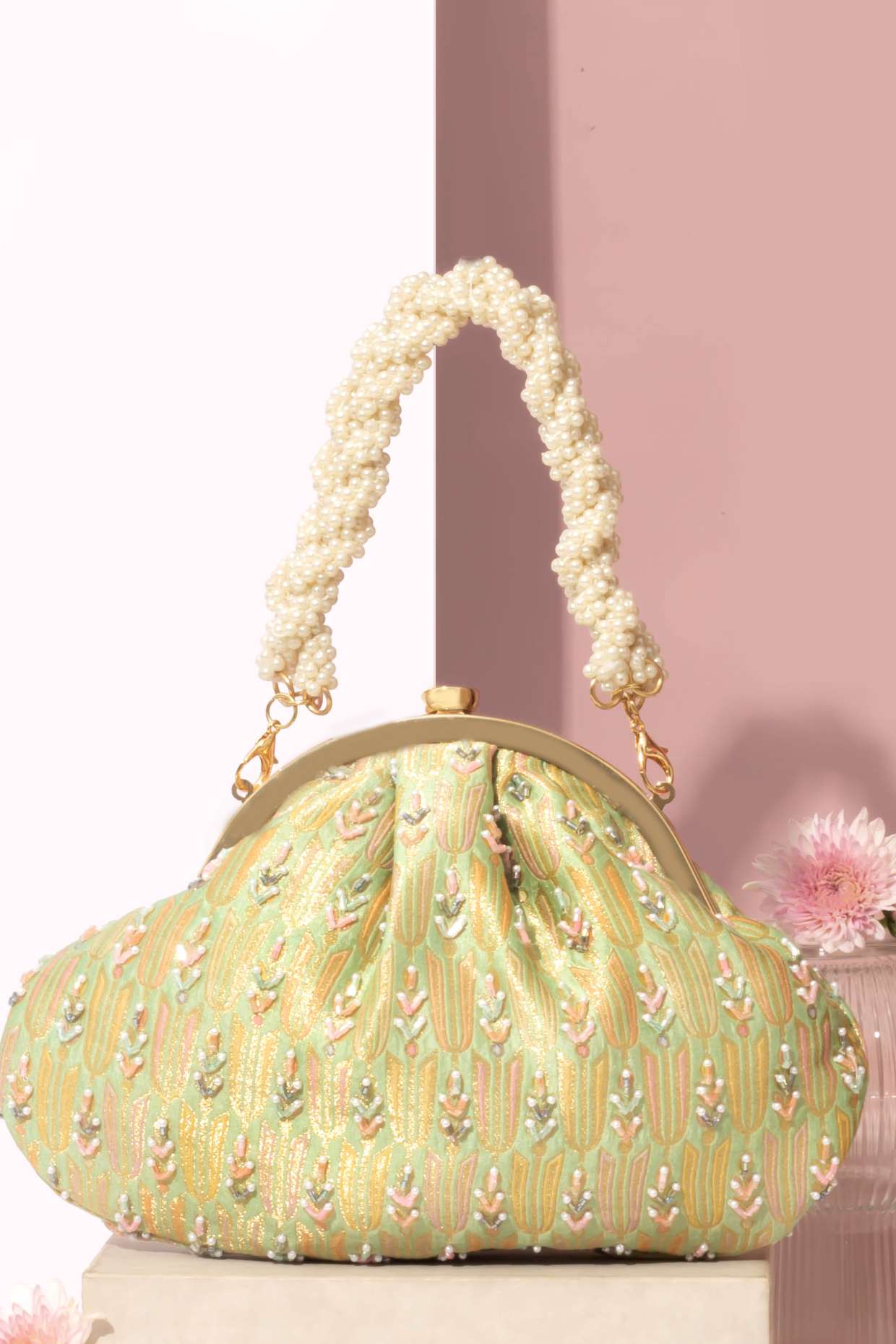 TITLI PURE BANARASI SILK VINTAGE PURSE - GREEN