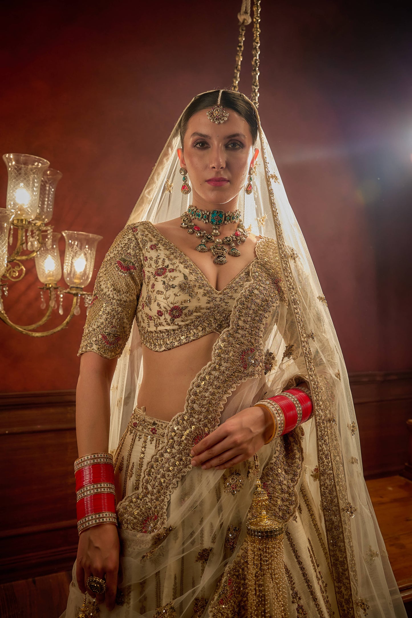 IVORY RAW SILK EMBROIDERED LEHENGA SET