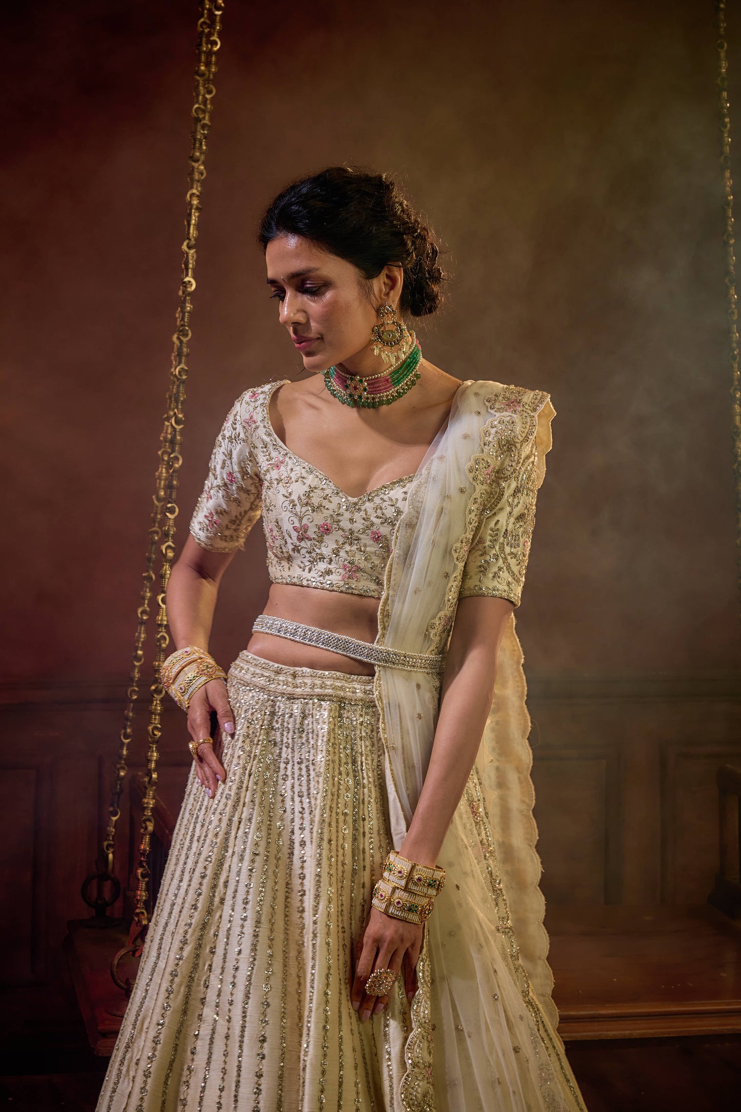 IVORY RAW SILK EMBROIDERED LEHENGA SET