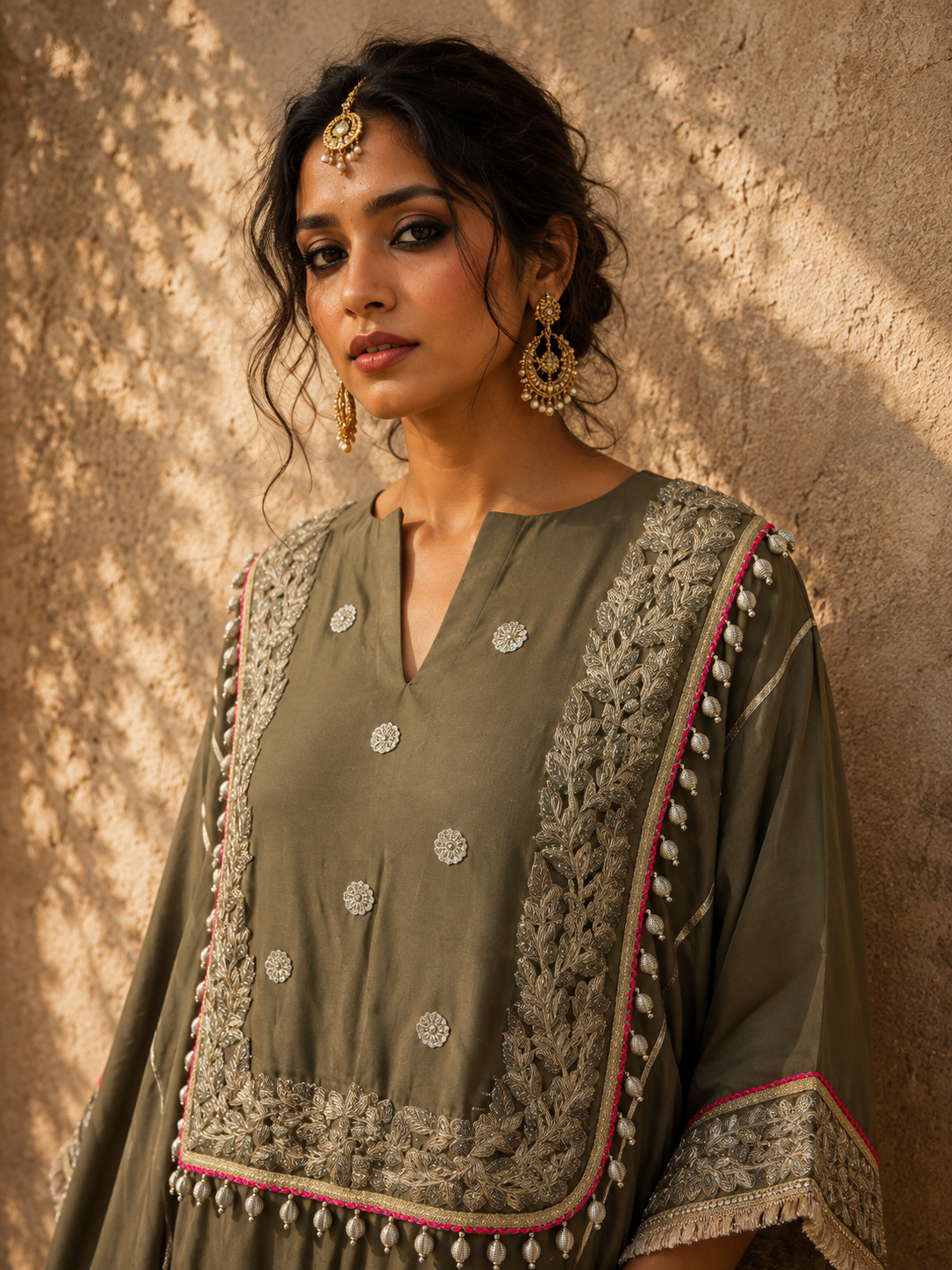GREIGE COTTON SILK KAFTAN SET