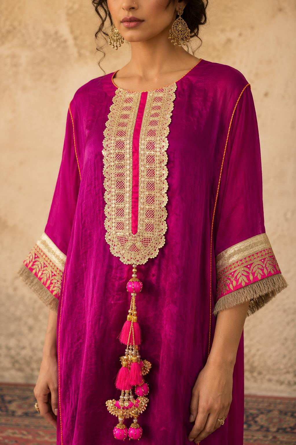 PINK SILK TISSUE KAFTAN SET