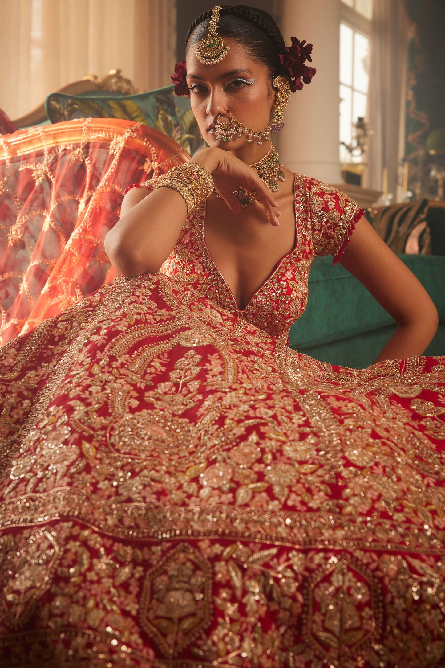 ALLURING RED HEAVILY EMBROIDERED LEHENGA