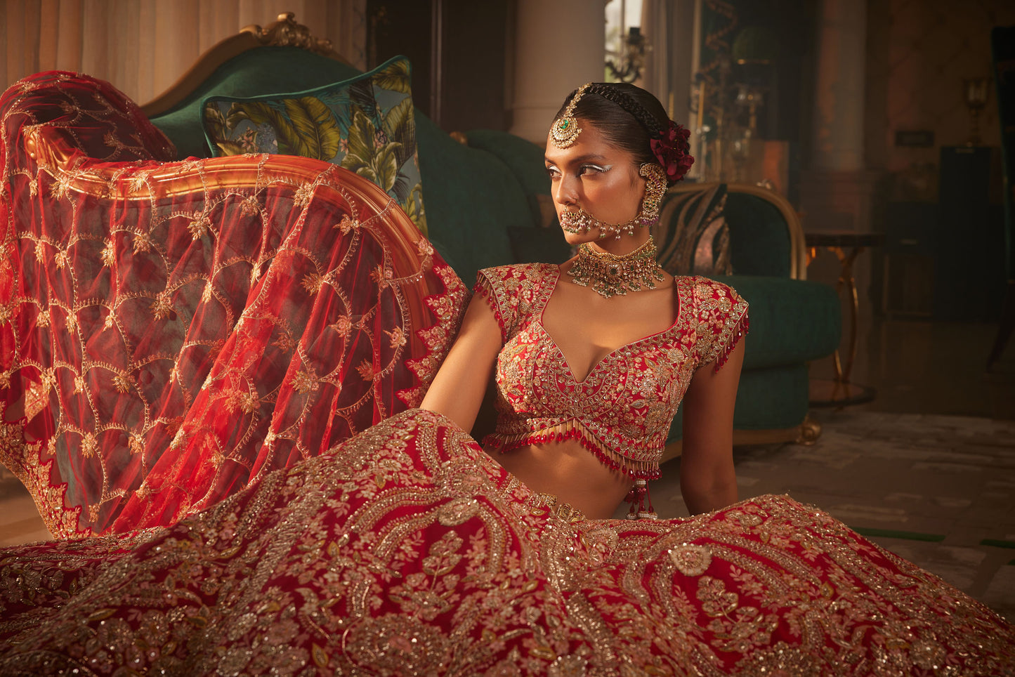 ALLURING RED HEAVILY EMBROIDERED LEHENGA