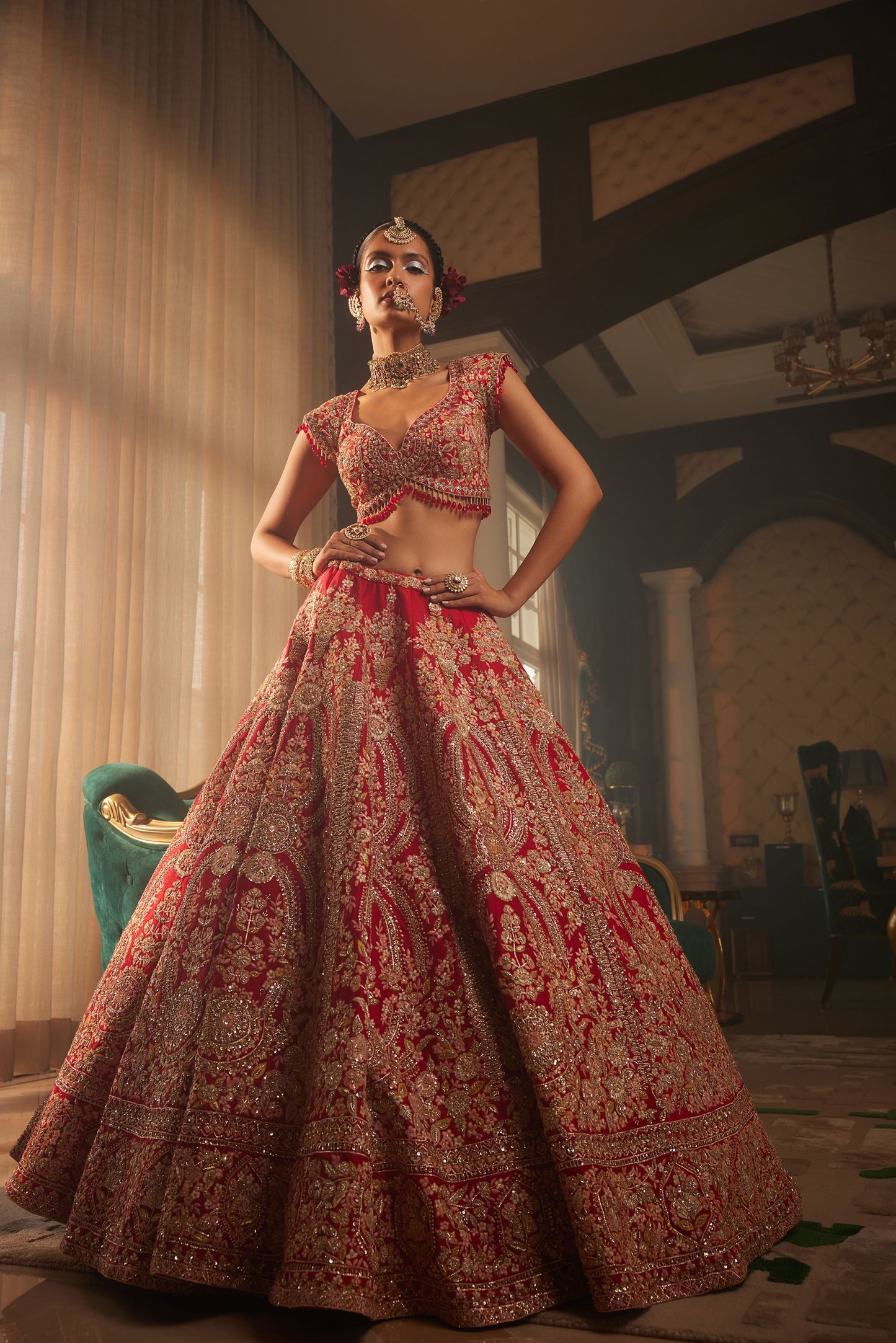 ALLURING RED HEAVILY EMBROIDERED LEHENGA