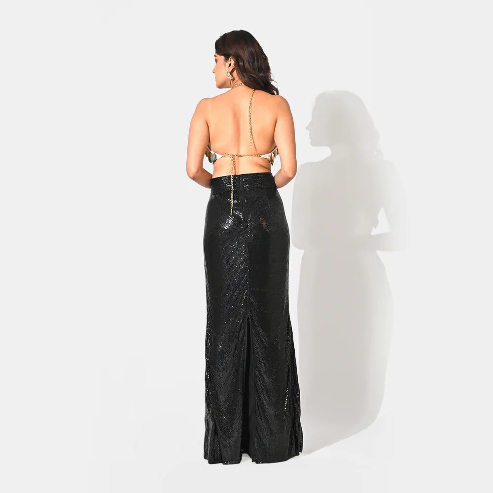 AMARA BLACK METALLIC CHAINMAIL MAXI SKIRT