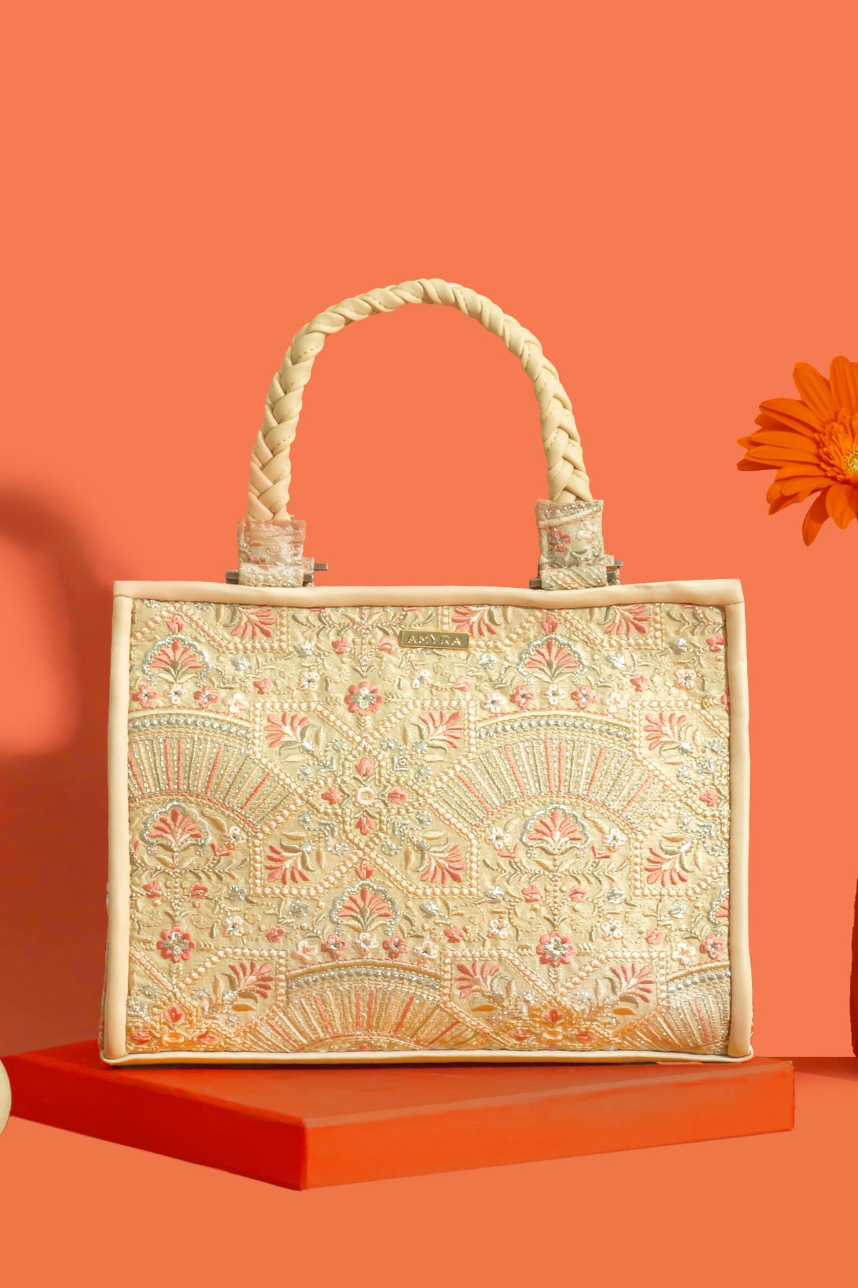 ASTRA THREAD EMBROIDERED HANDBAG - BEIGE